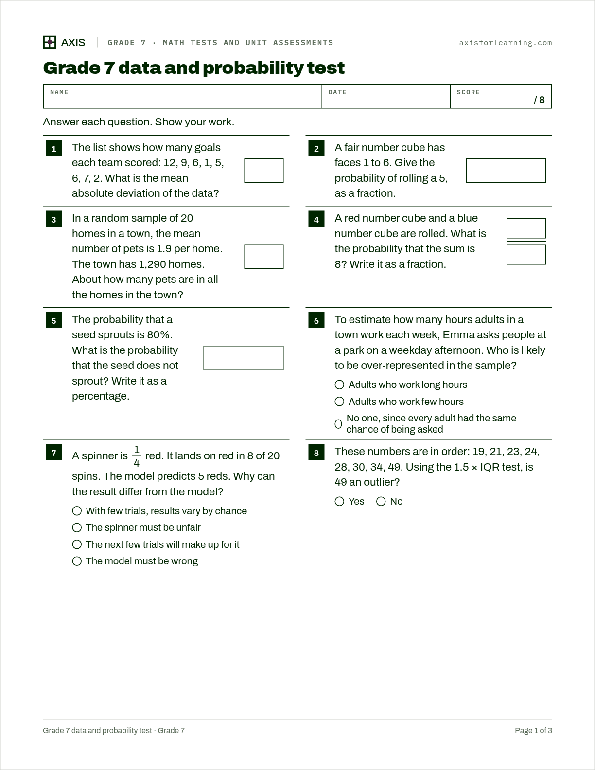 Grade 7 data and probability test: first page of the printable worksheet