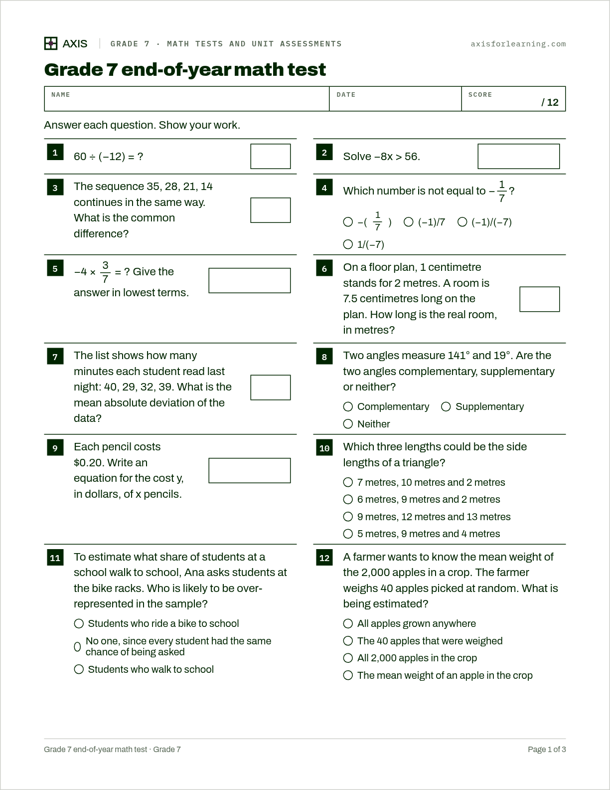 Grade 7 end-of-year math test: first page of the printable worksheet