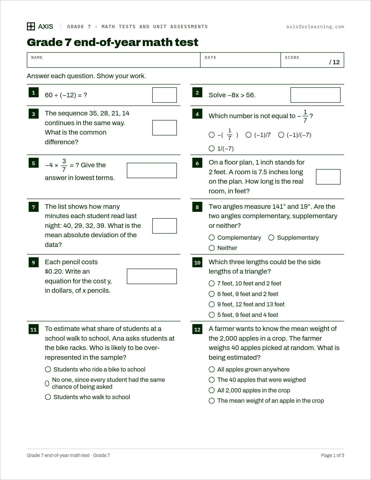 Grade 7 end-of-year math test: first page of the printable worksheet