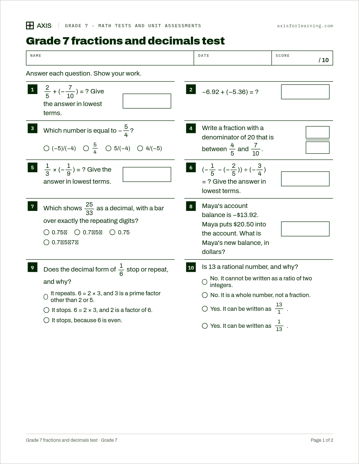 Grade 7 fractions and decimals test: first page of the printable worksheet