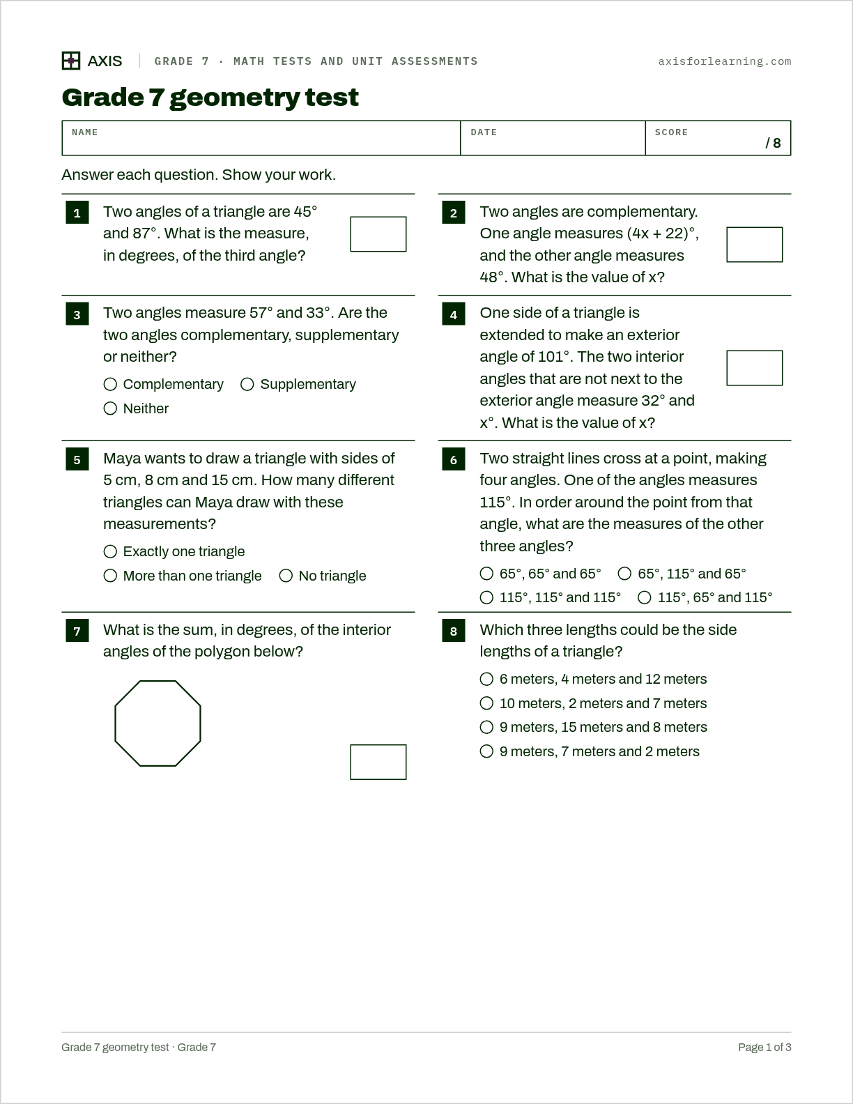 Grade 7 geometry test: first page of the printable worksheet