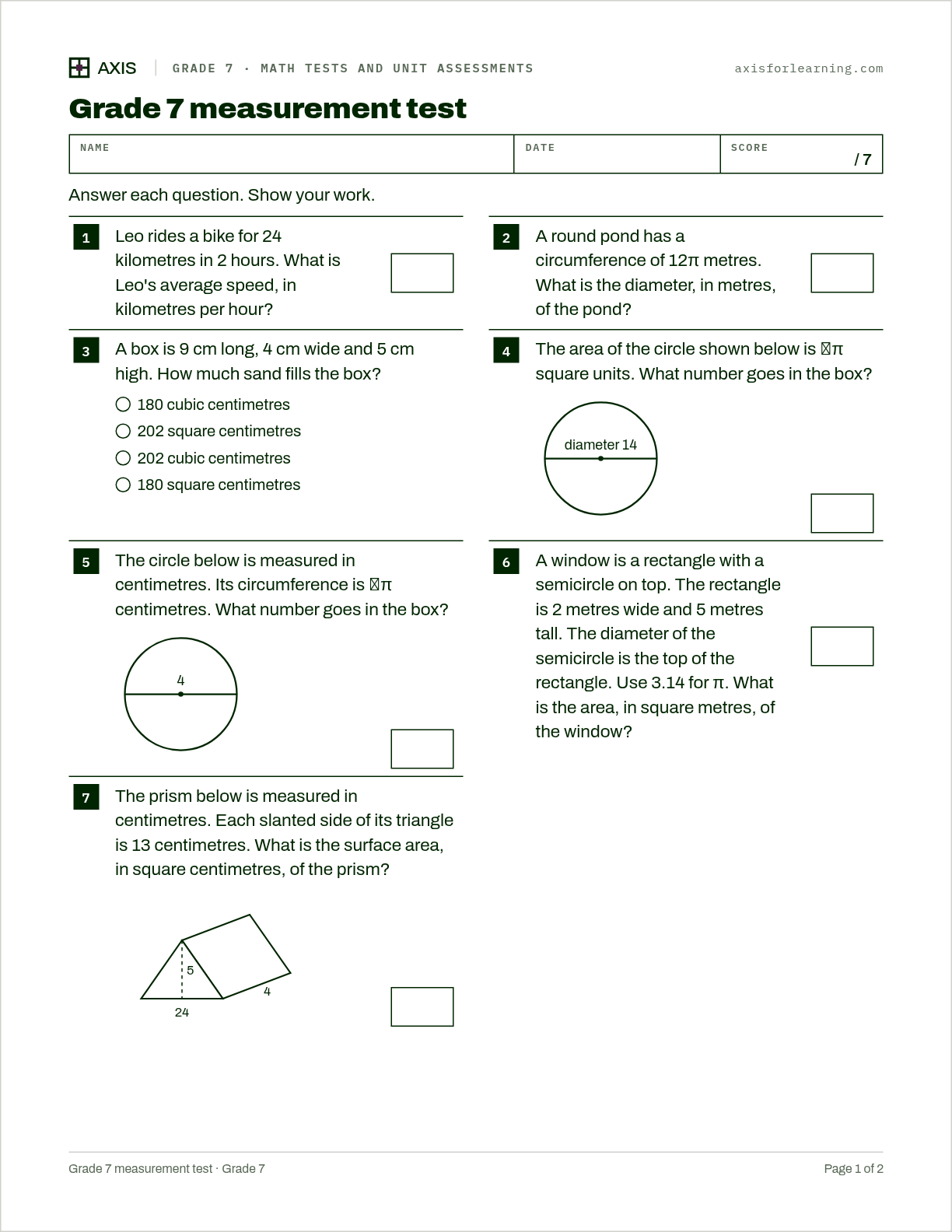 Grade 7 measurement test: first page of the printable worksheet