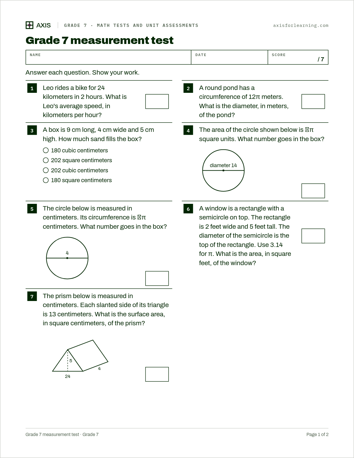 Grade 7 measurement test: first page of the printable worksheet
