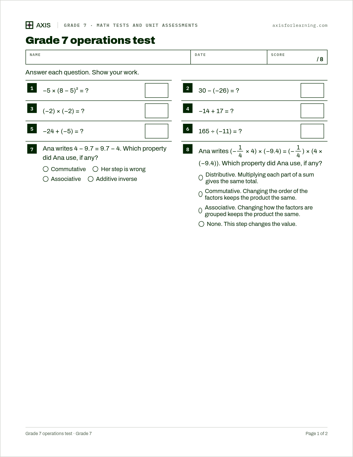 Grade 7 operations test: first page of the printable worksheet