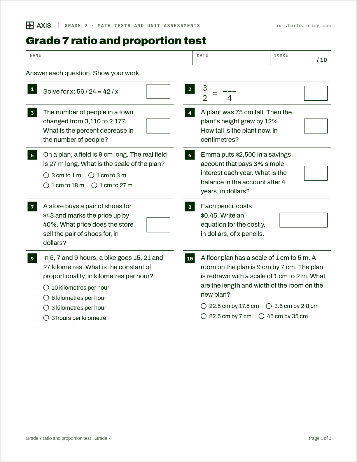 Grade 7 ratio and proportion test: first page of the printable worksheet