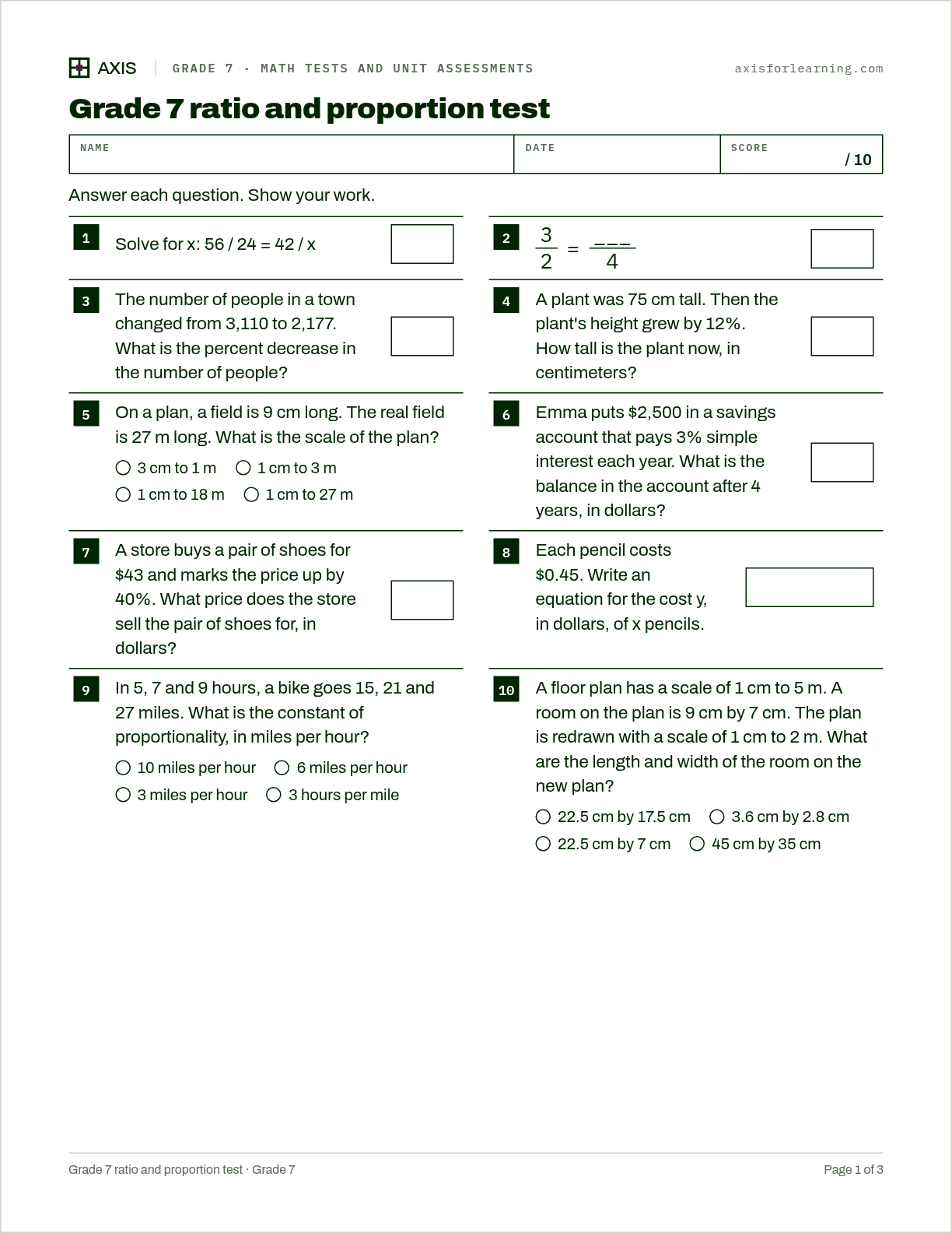 Grade 7 ratio and proportion test: first page of the printable worksheet
