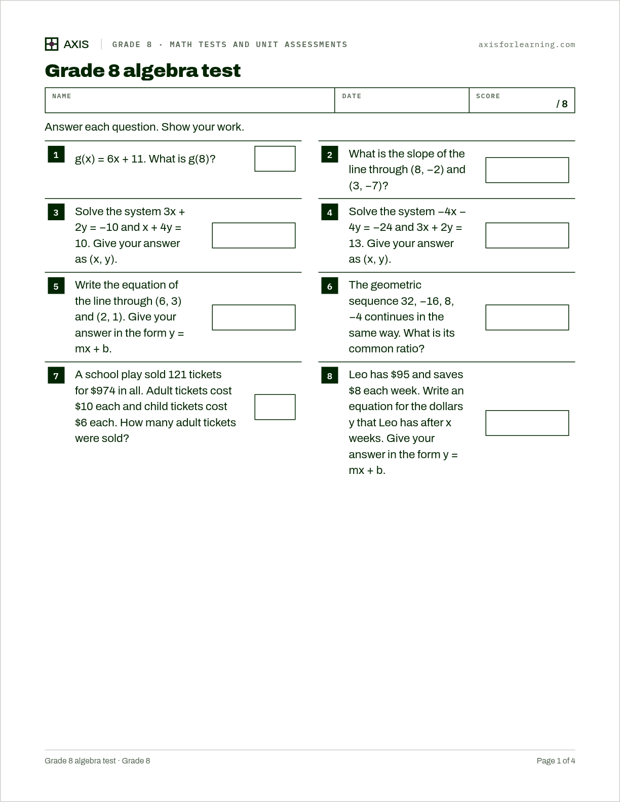 Grade 8 algebra test: first page of the printable worksheet