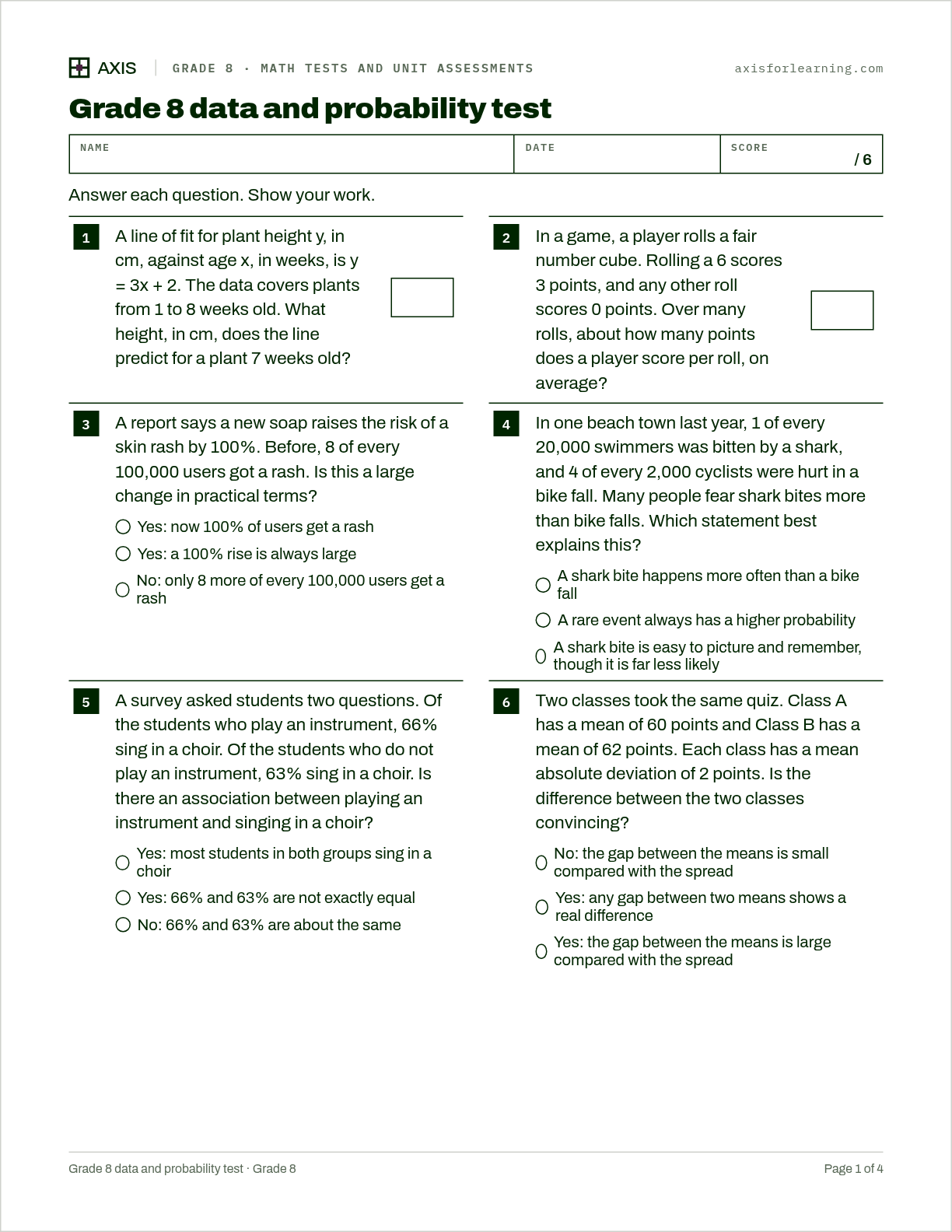 Grade 8 data and probability test: first page of the printable worksheet