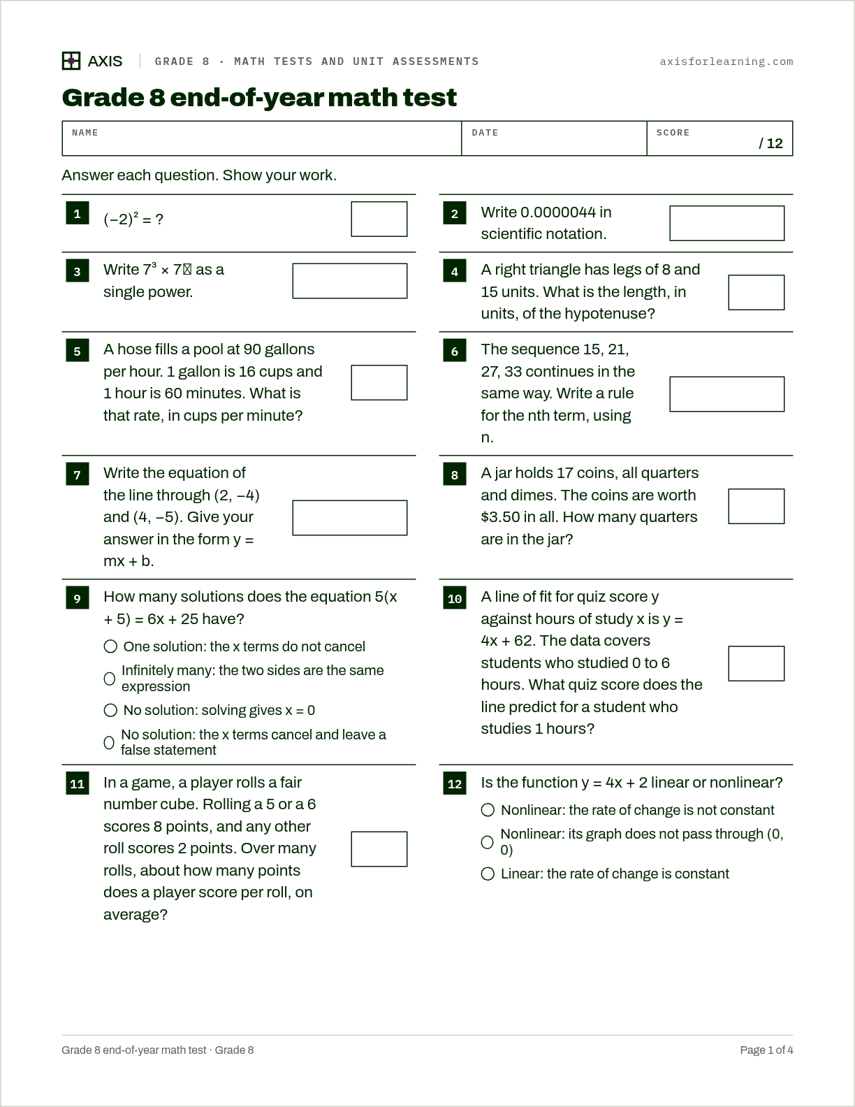 Grade 8 end-of-year math test: first page of the printable worksheet