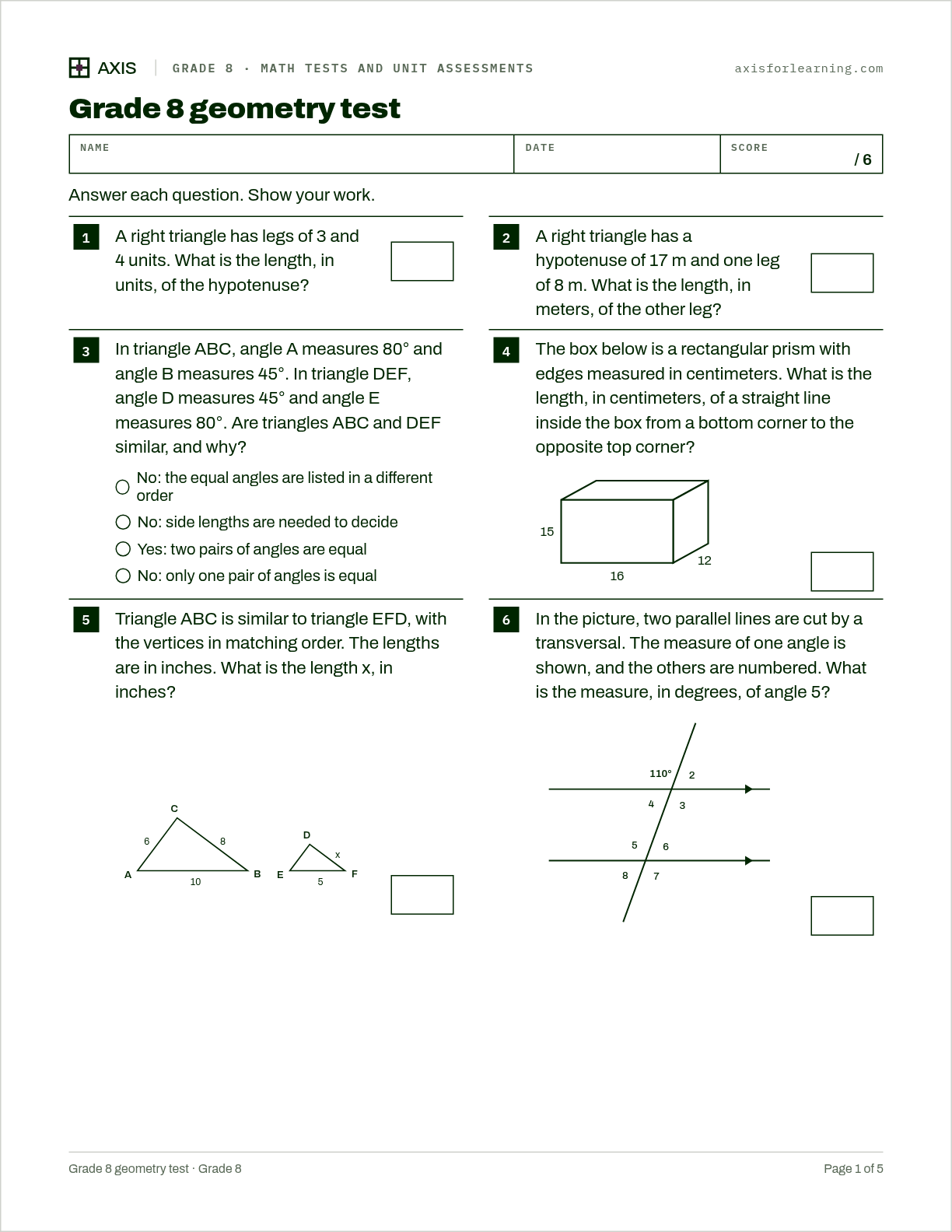Grade 8 geometry test: first page of the printable worksheet