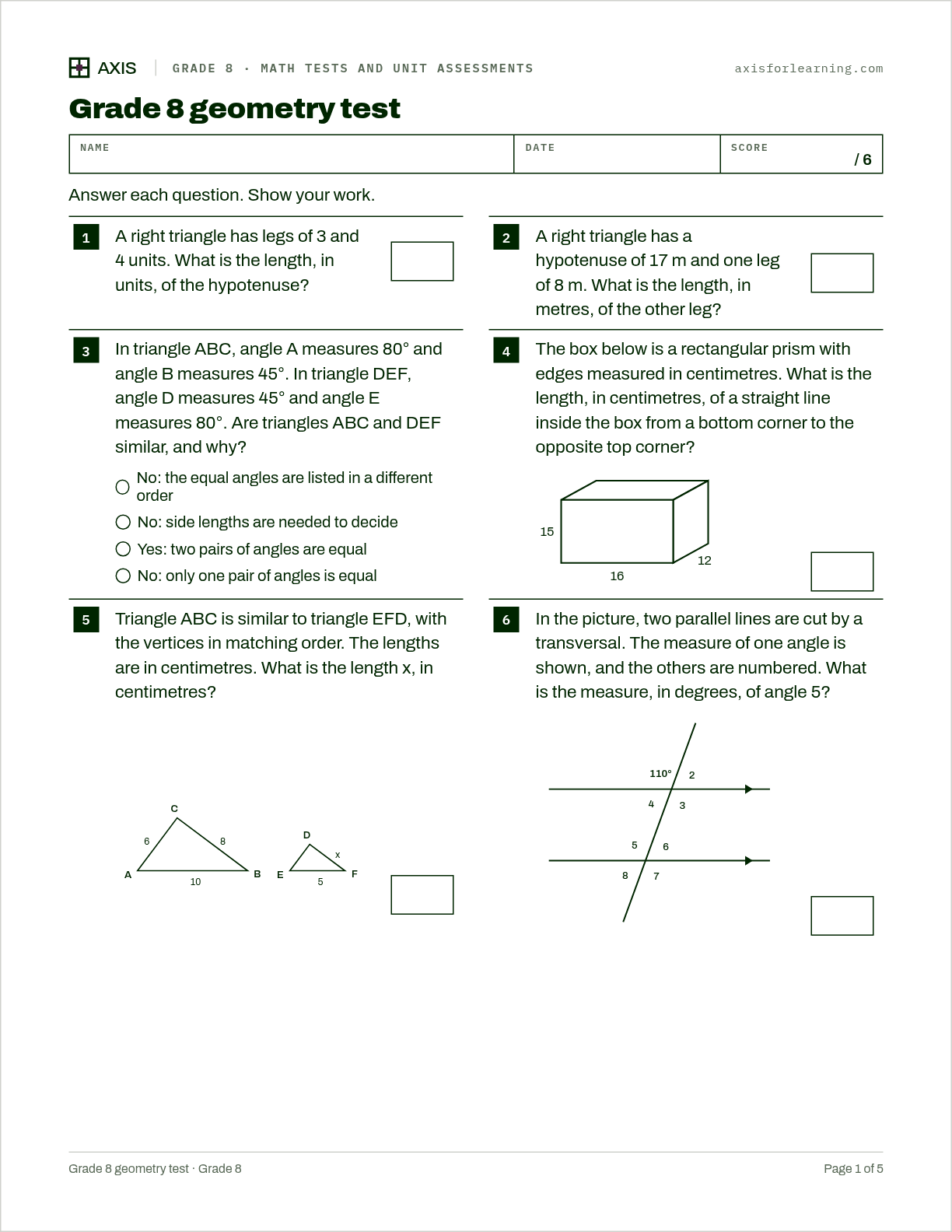 Grade 8 geometry test: first page of the printable worksheet