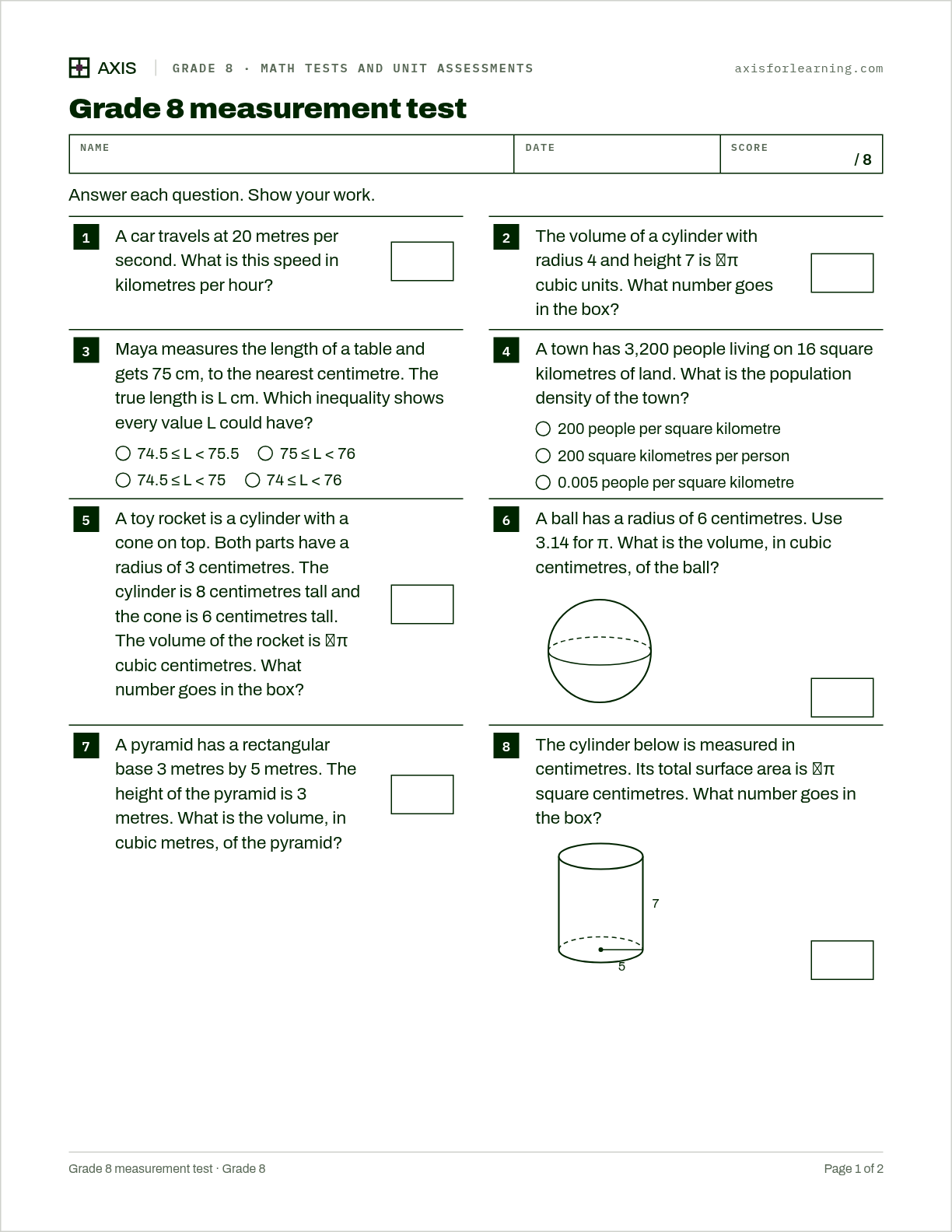 Grade 8 measurement test: first page of the printable worksheet