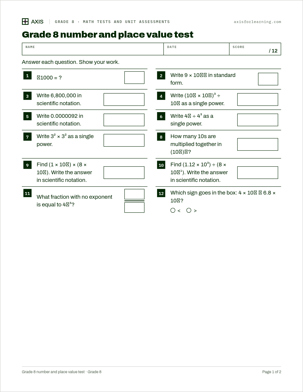 Grade 8 number and place value test: first page of the printable worksheet