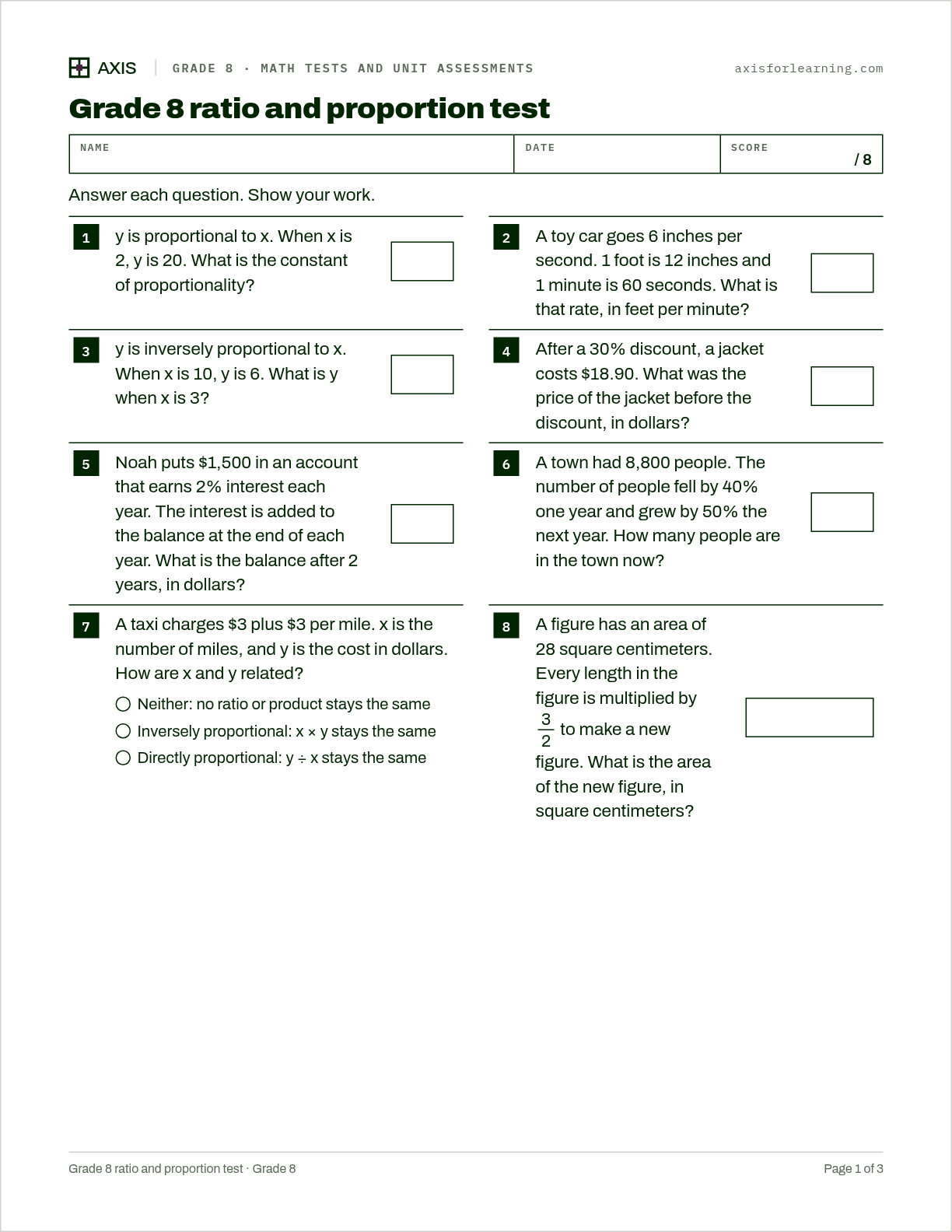 Grade 8 ratio and proportion test: first page of the printable worksheet