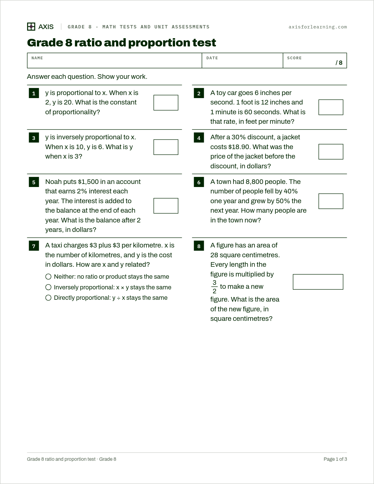 Grade 8 ratio and proportion test: first page of the printable worksheet