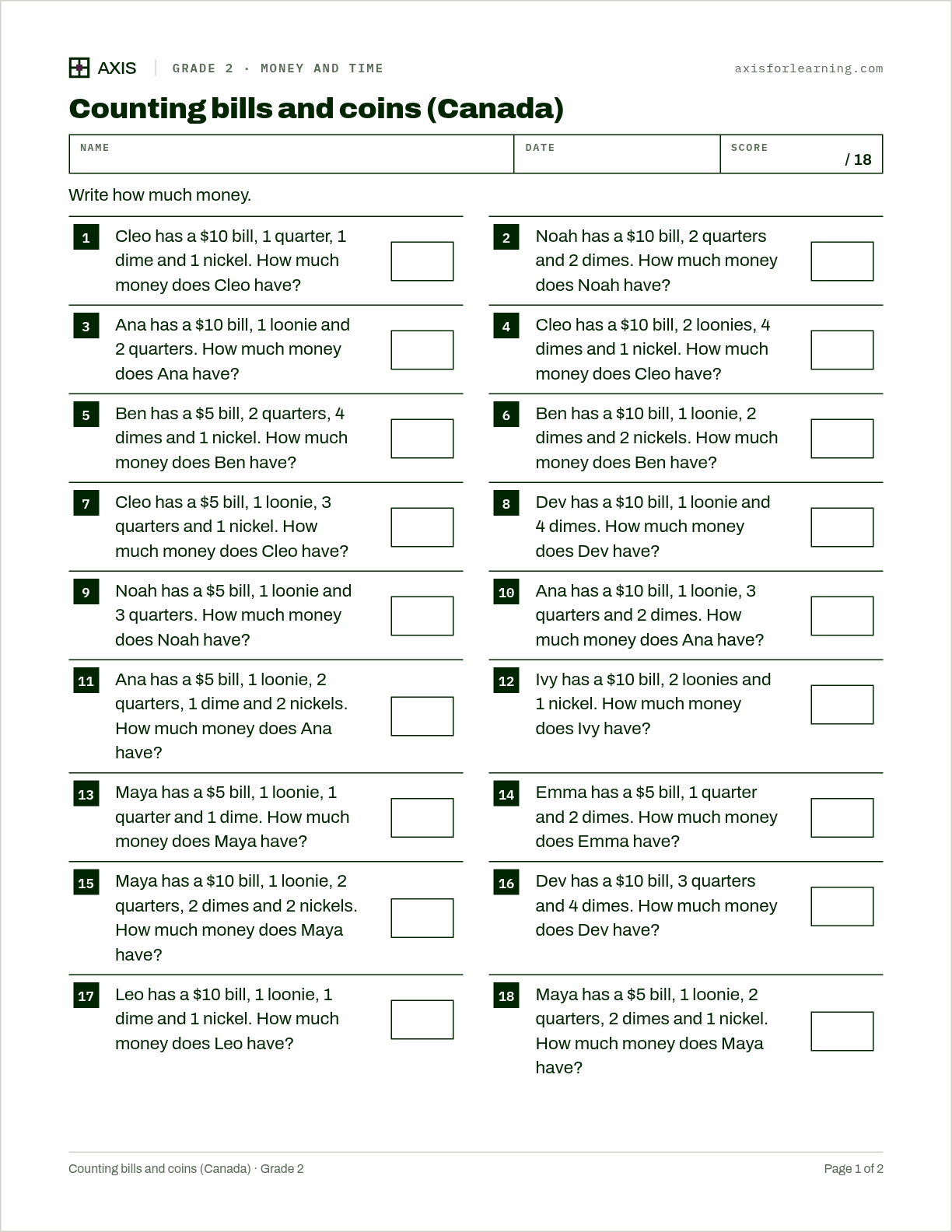 Counting bills and coins (Canada): first page of the printable worksheet