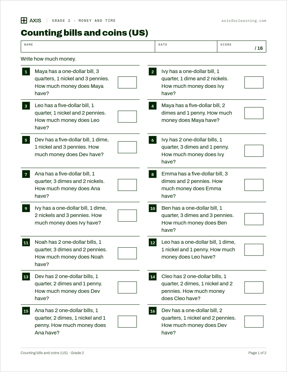 Counting bills and coins (US): first page of the printable worksheet