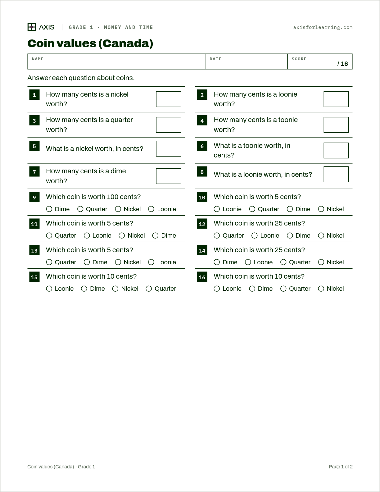 Coin values (Canada): first page of the printable worksheet