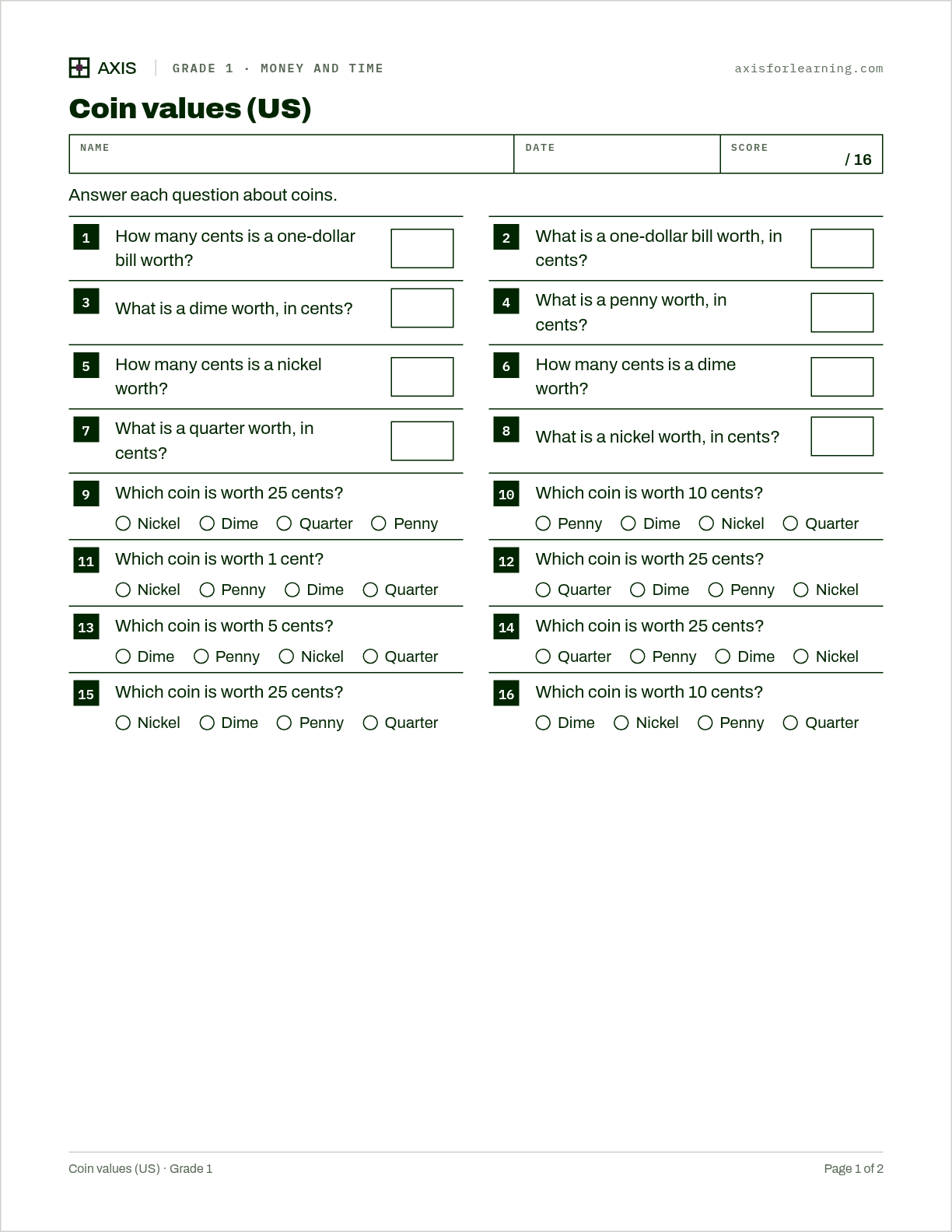 Coin values (US): first page of the printable worksheet