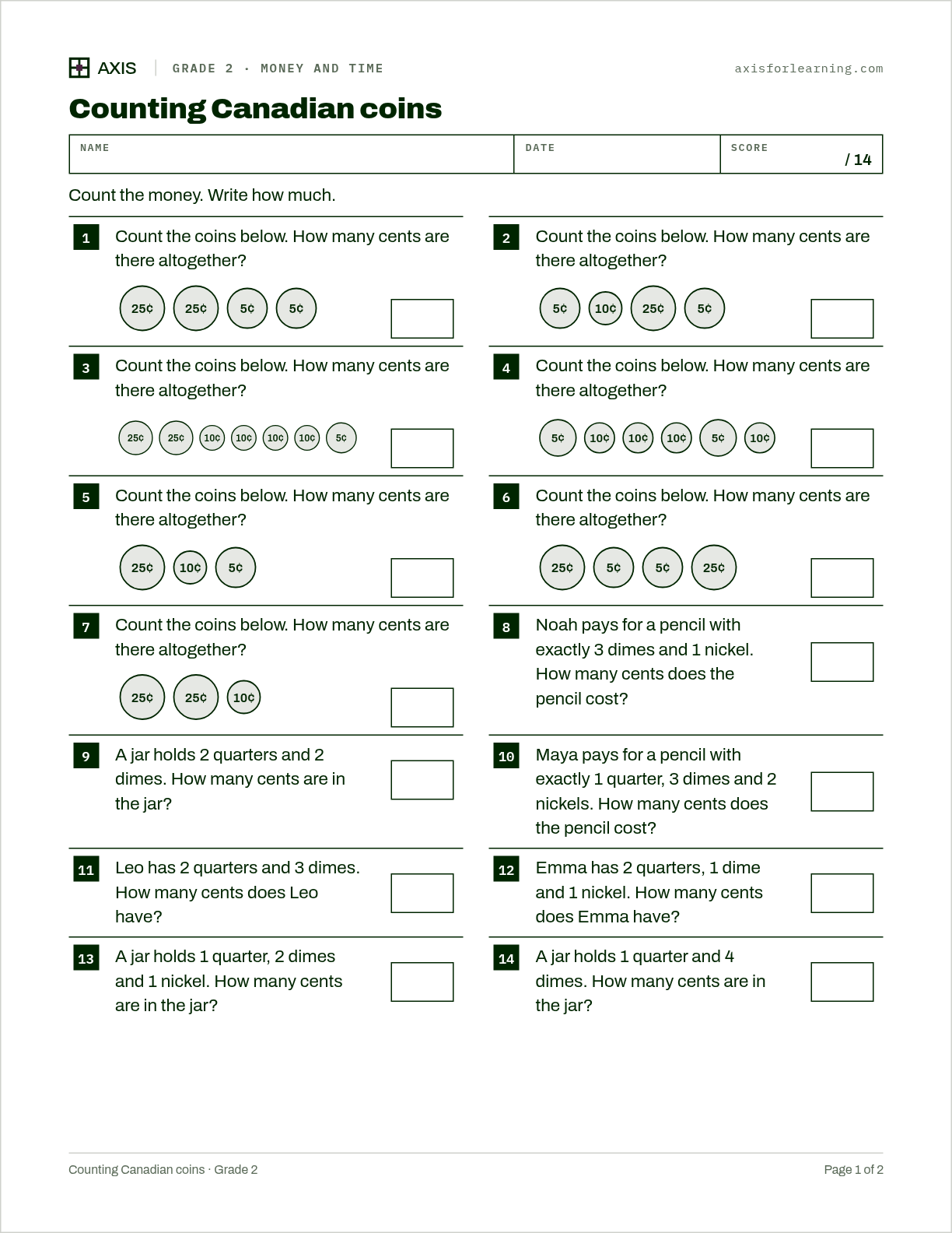 Counting Canadian coins: first page of the printable worksheet