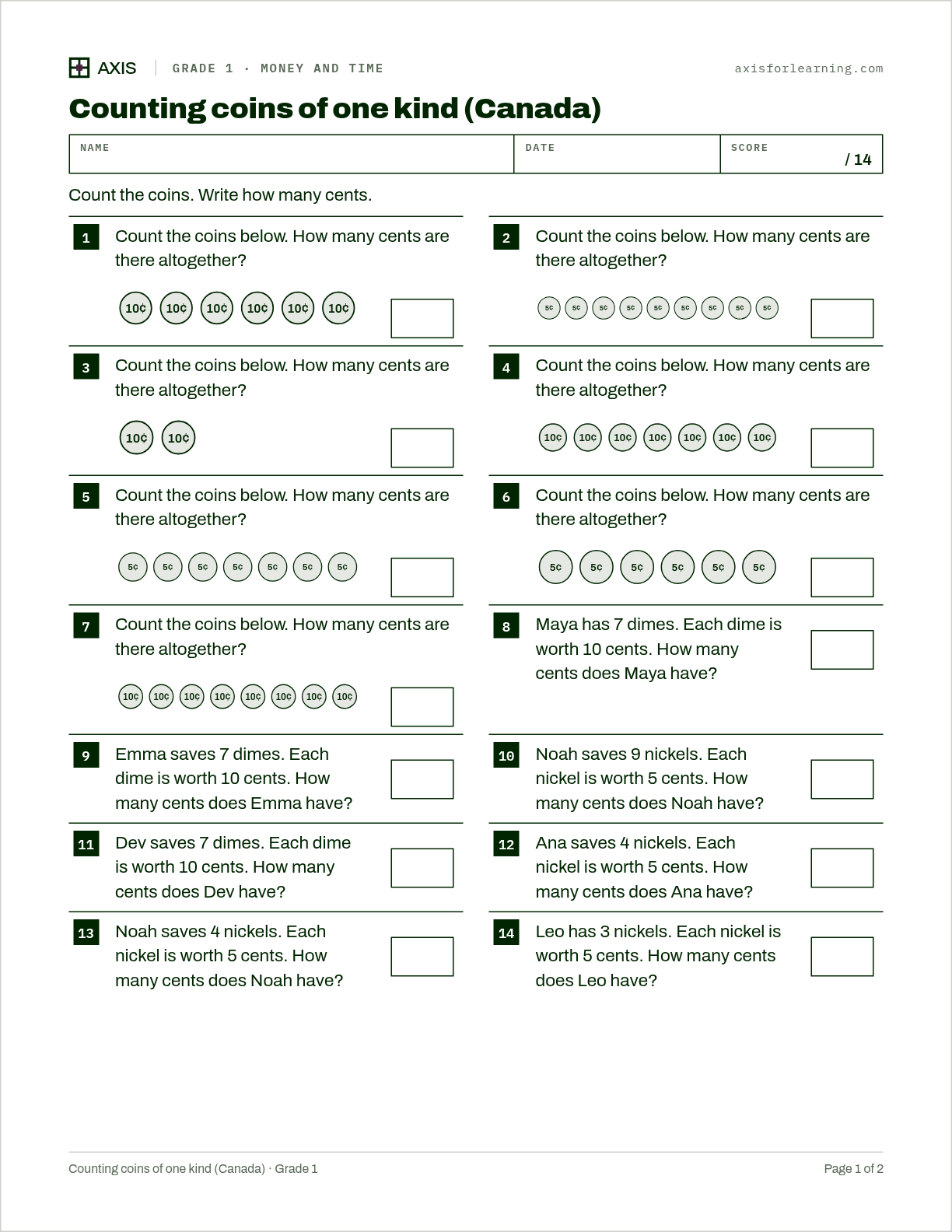Counting coins of one kind (Canada): first page of the printable worksheet