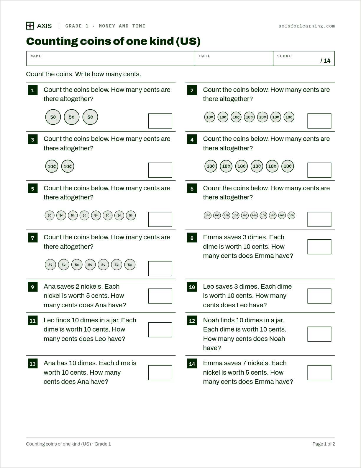 Counting coins of one kind (US): first page of the printable worksheet
