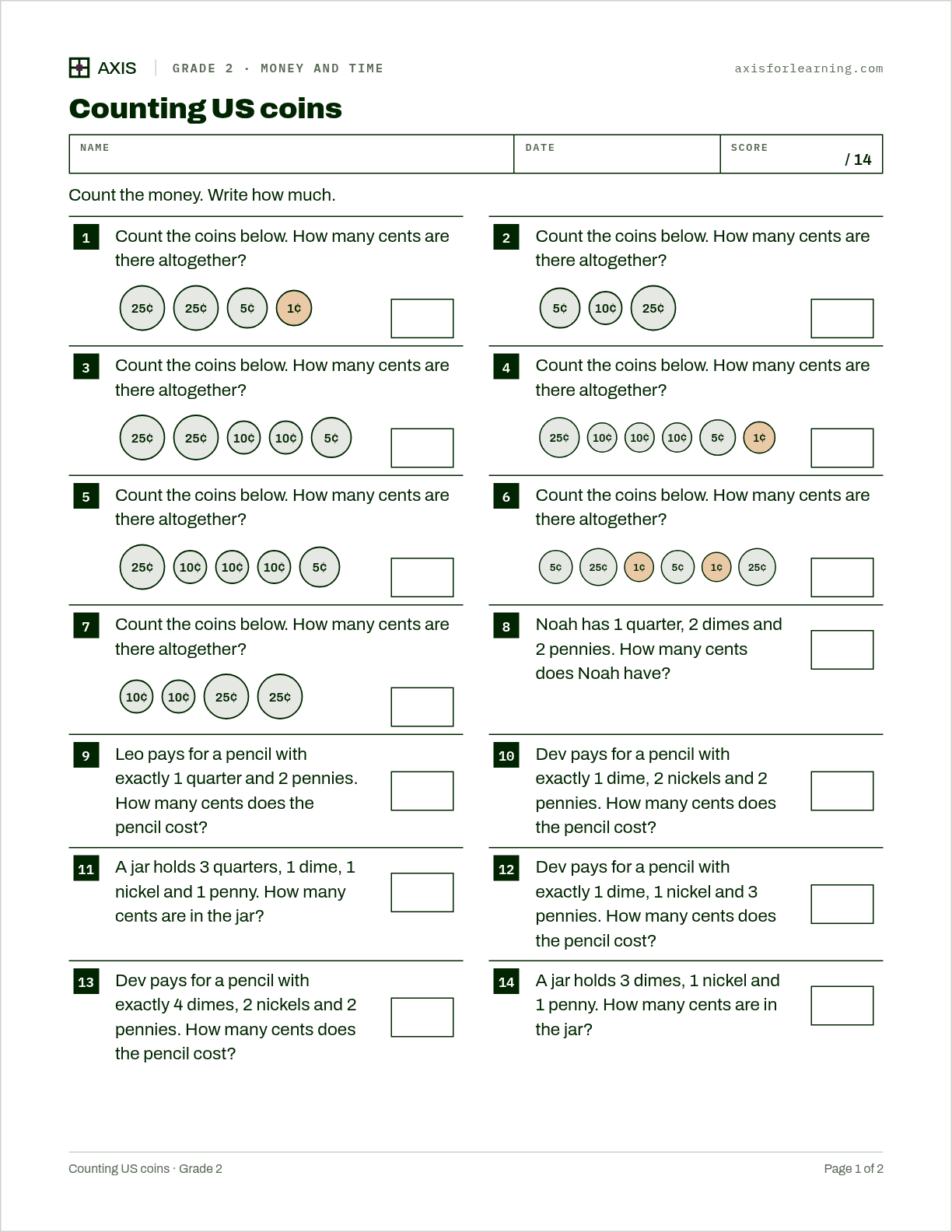 Counting US coins: first page of the printable worksheet