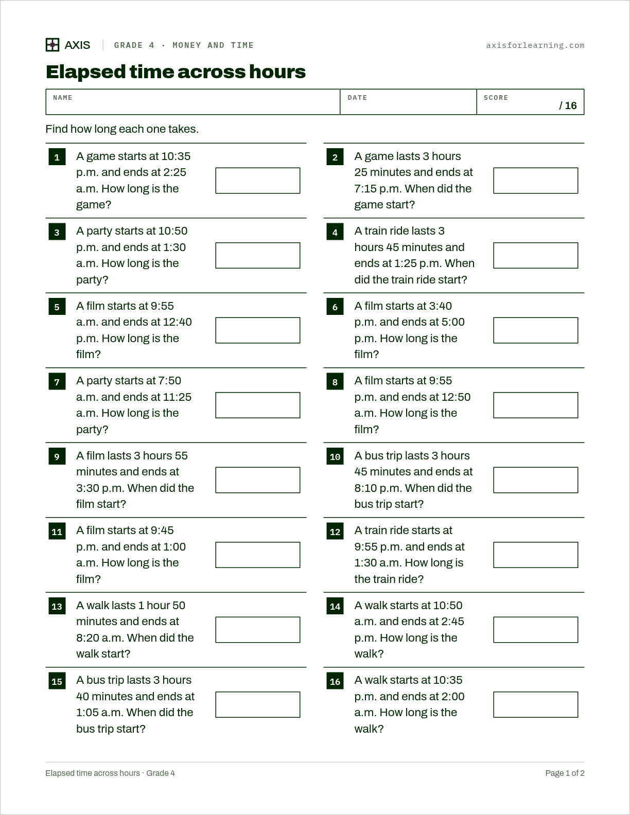 Elapsed time across hours: first page of the printable worksheet