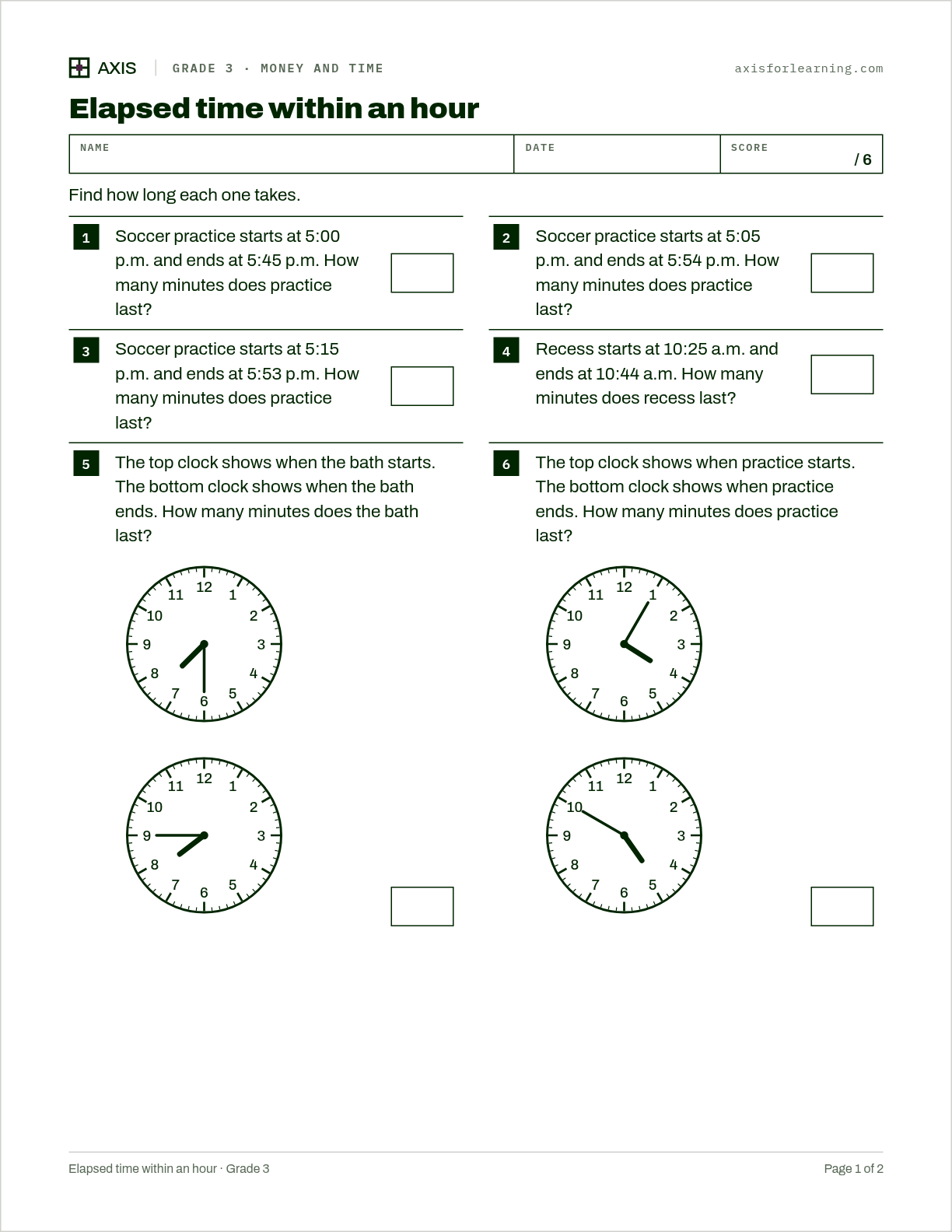 Elapsed time within an hour: first page of the printable worksheet