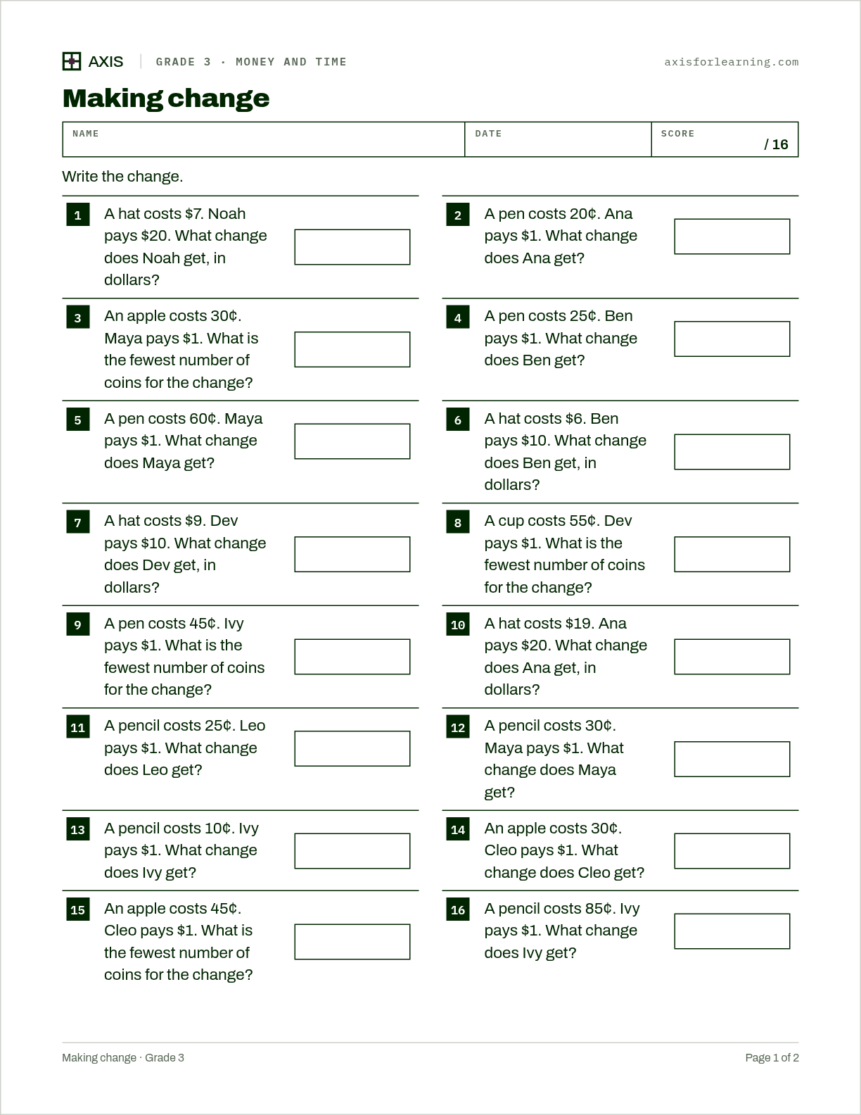 Making change: first page of the printable worksheet