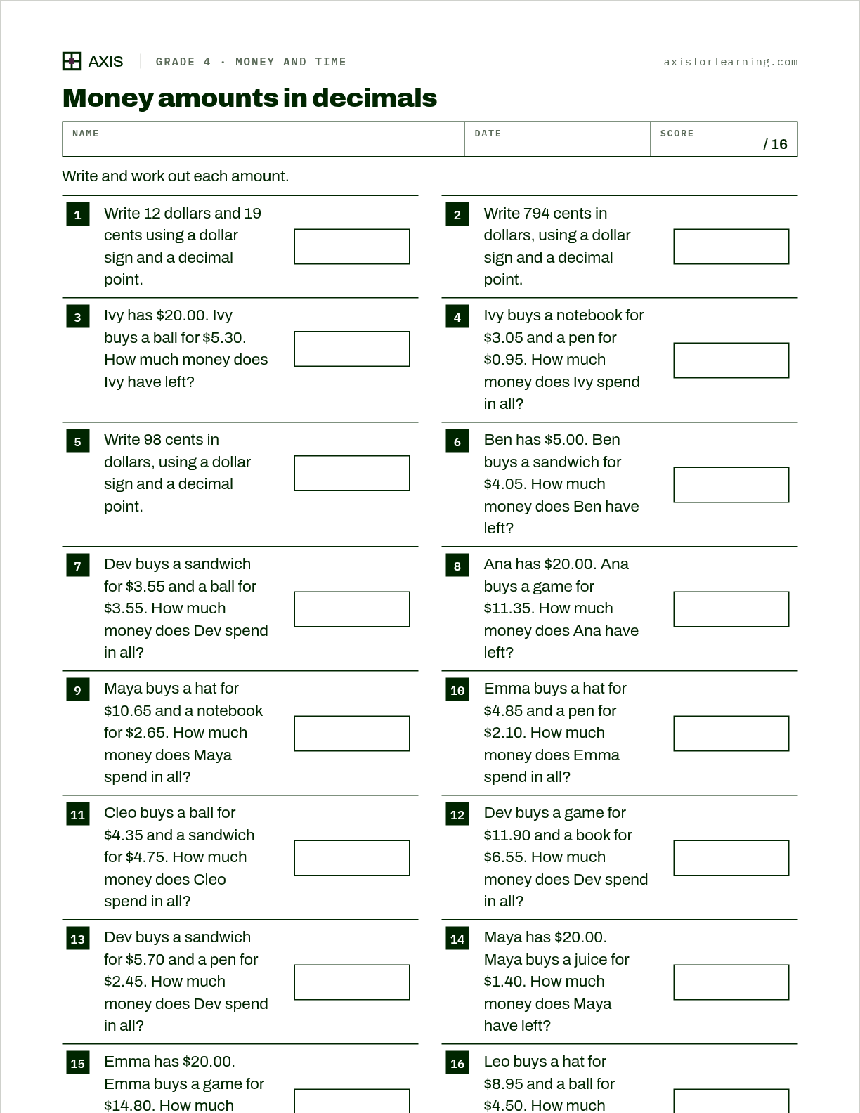 Money amounts in decimals: first page of the printable worksheet
