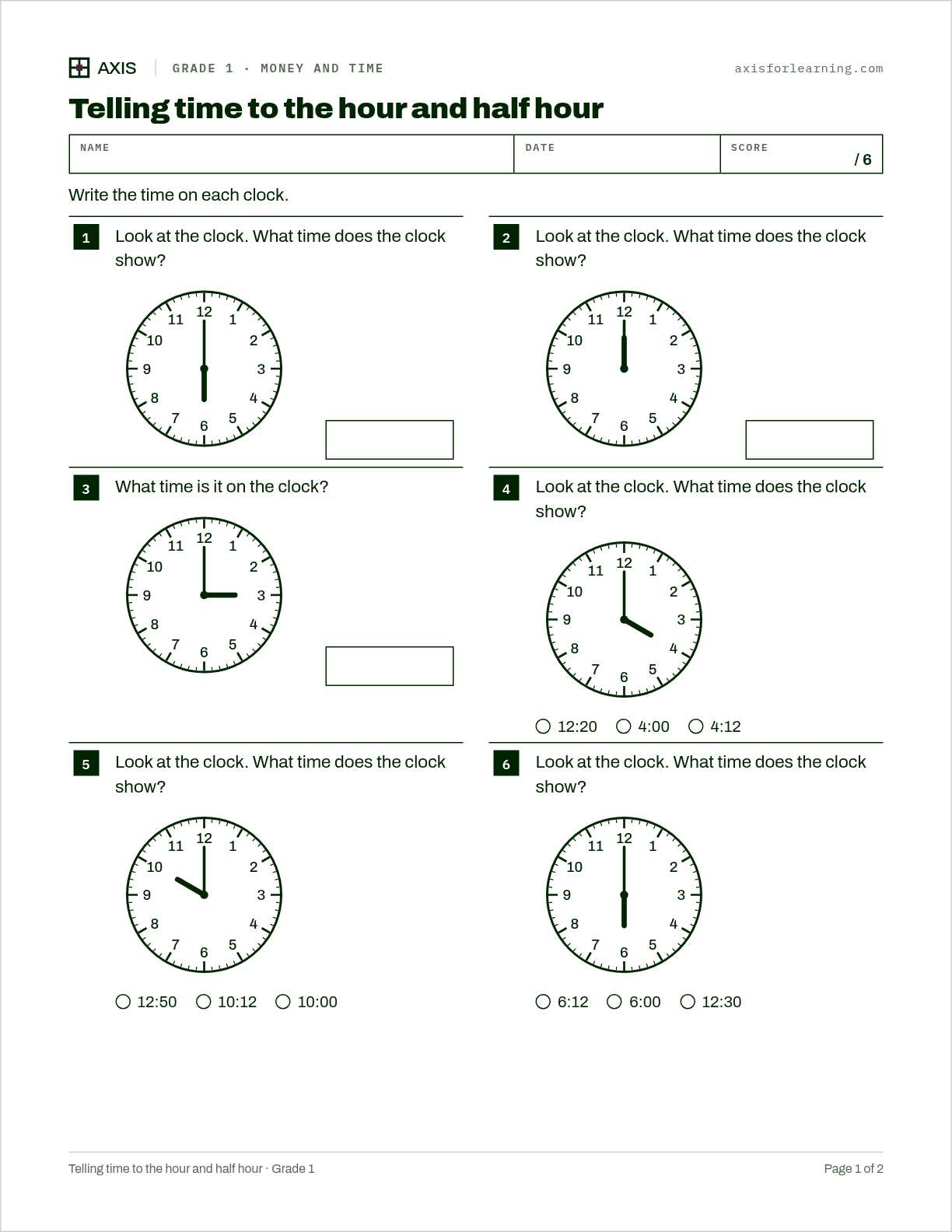 Telling time to the hour and half hour: first page of the printable worksheet