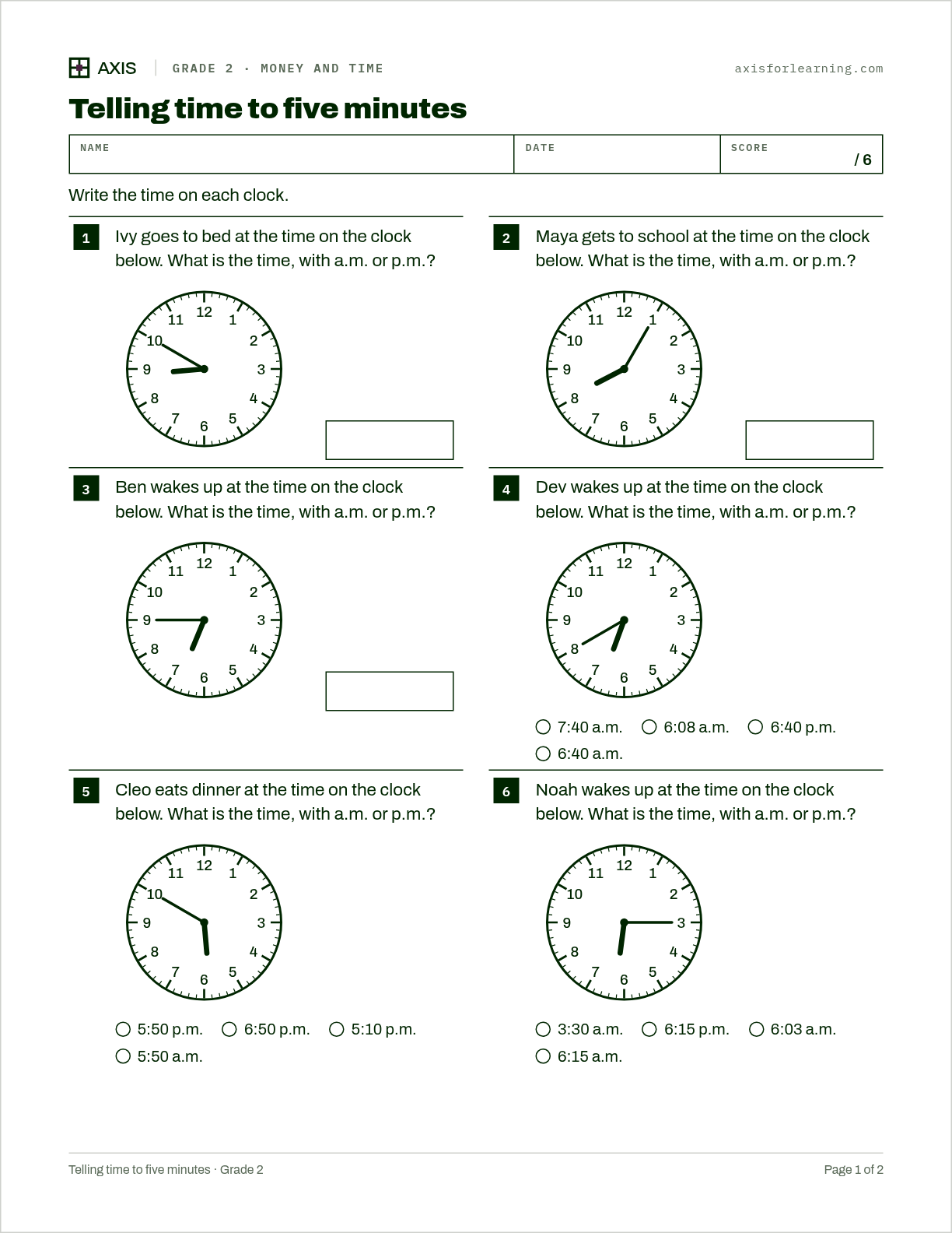 Telling time to five minutes: first page of the printable worksheet