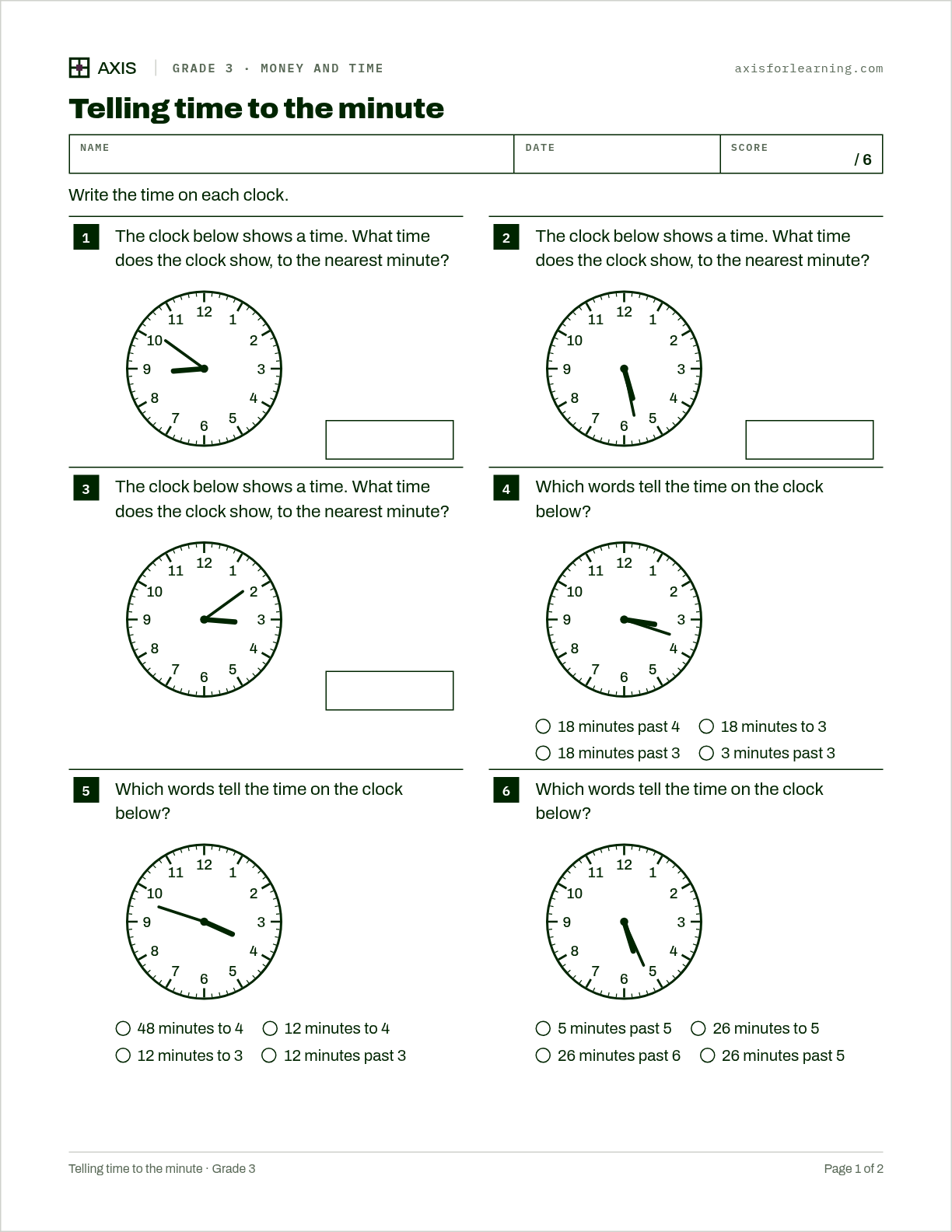 Telling time to the minute: first page of the printable worksheet