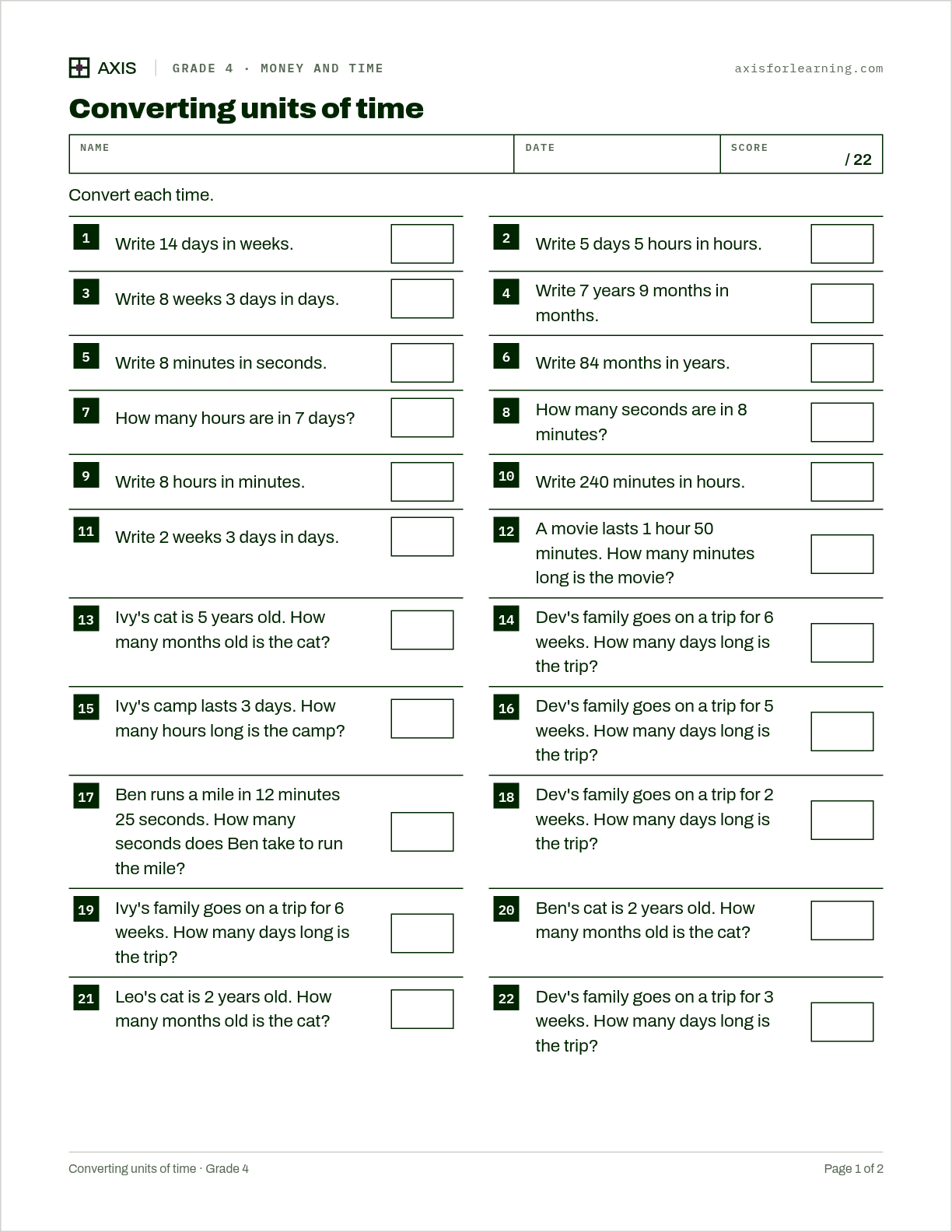 Converting units of time: first page of the printable worksheet