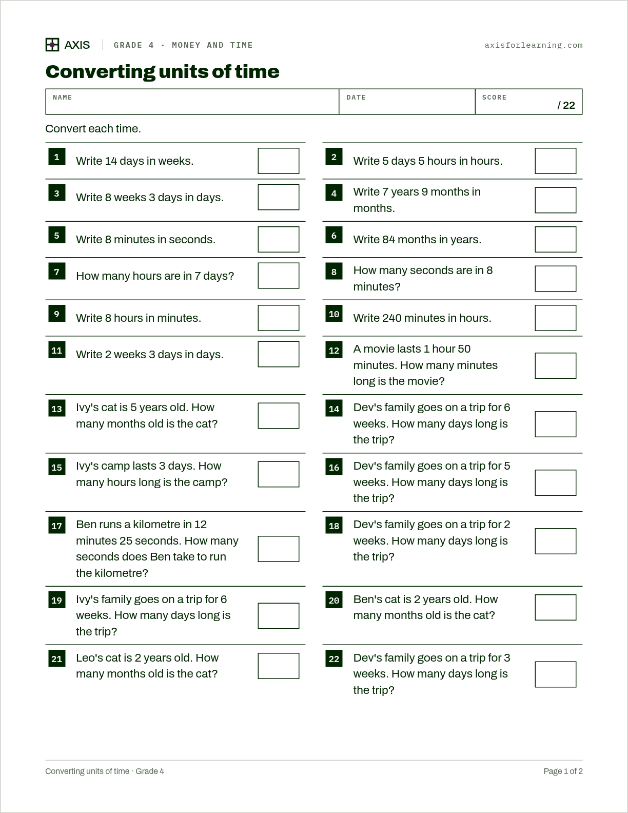 Converting units of time: first page of the printable worksheet