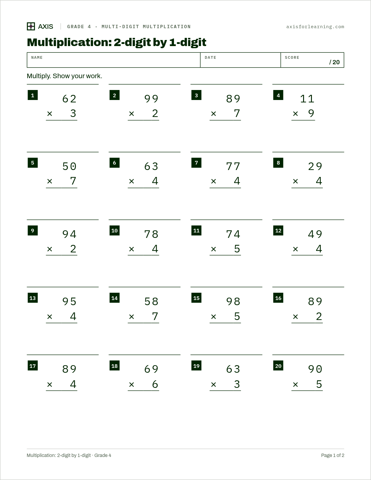 Multiplication: 2-digit by 1-digit: first page of the printable worksheet