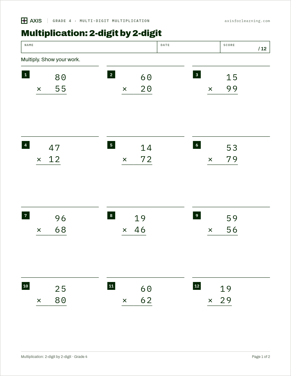 Multiplication: 2-digit by 2-digit: first page of the printable worksheet