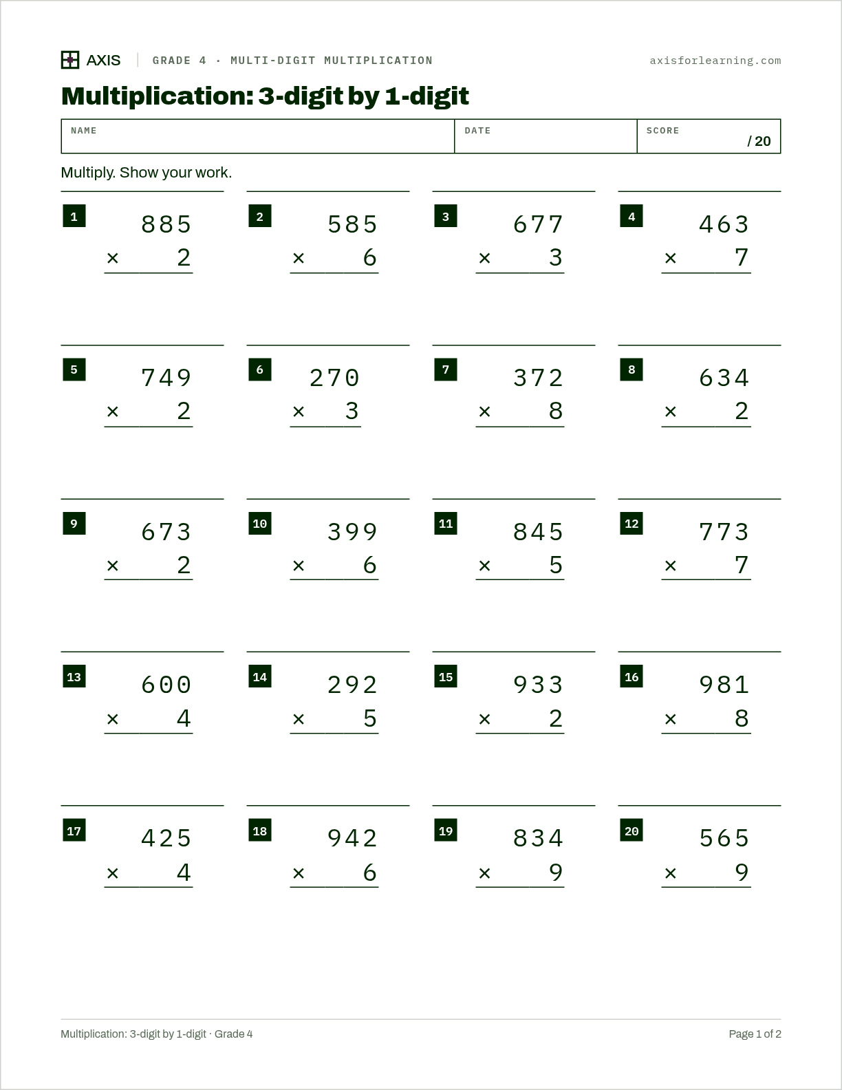 Multiplication: 3-digit by 1-digit: first page of the printable worksheet
