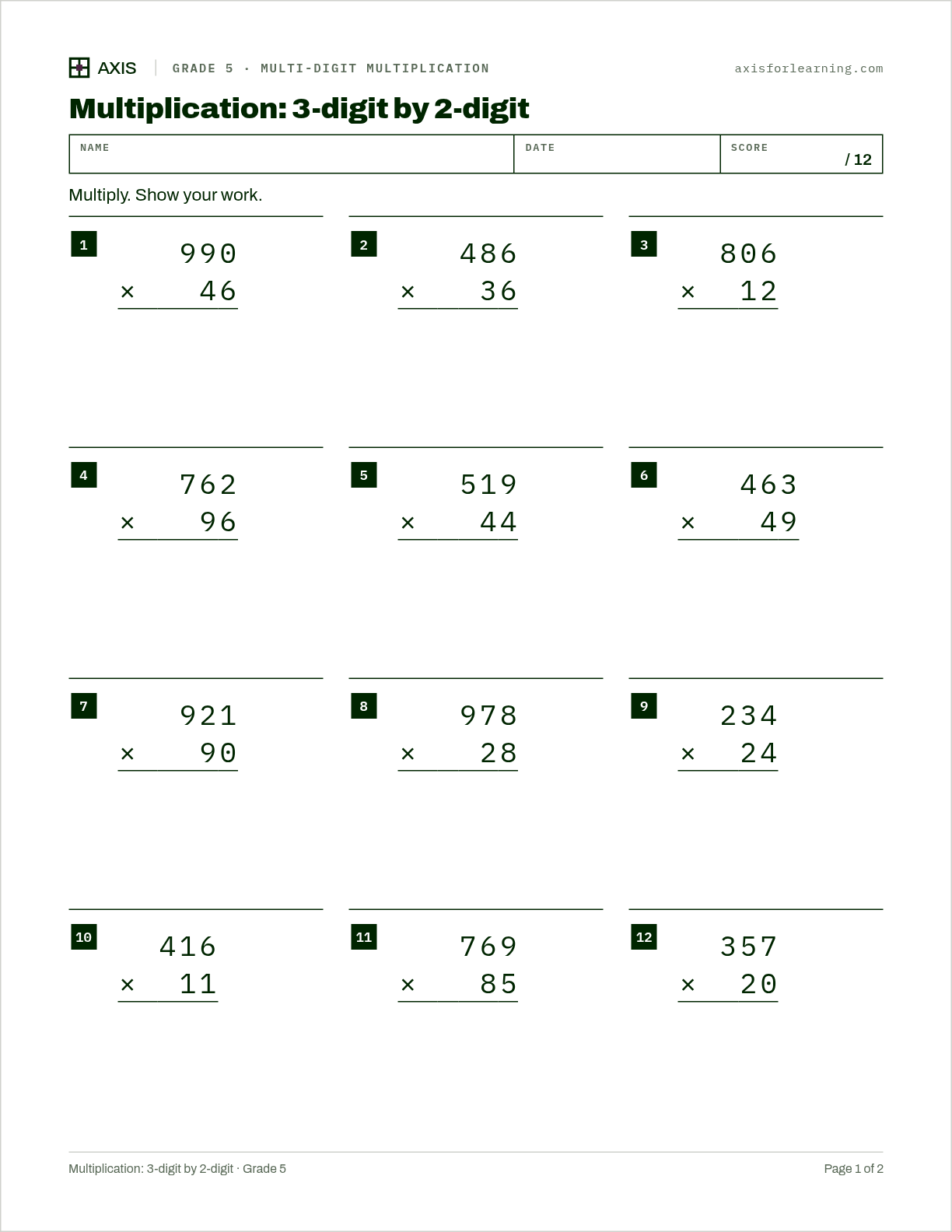 Multiplication: 3-digit by 2-digit: first page of the printable worksheet