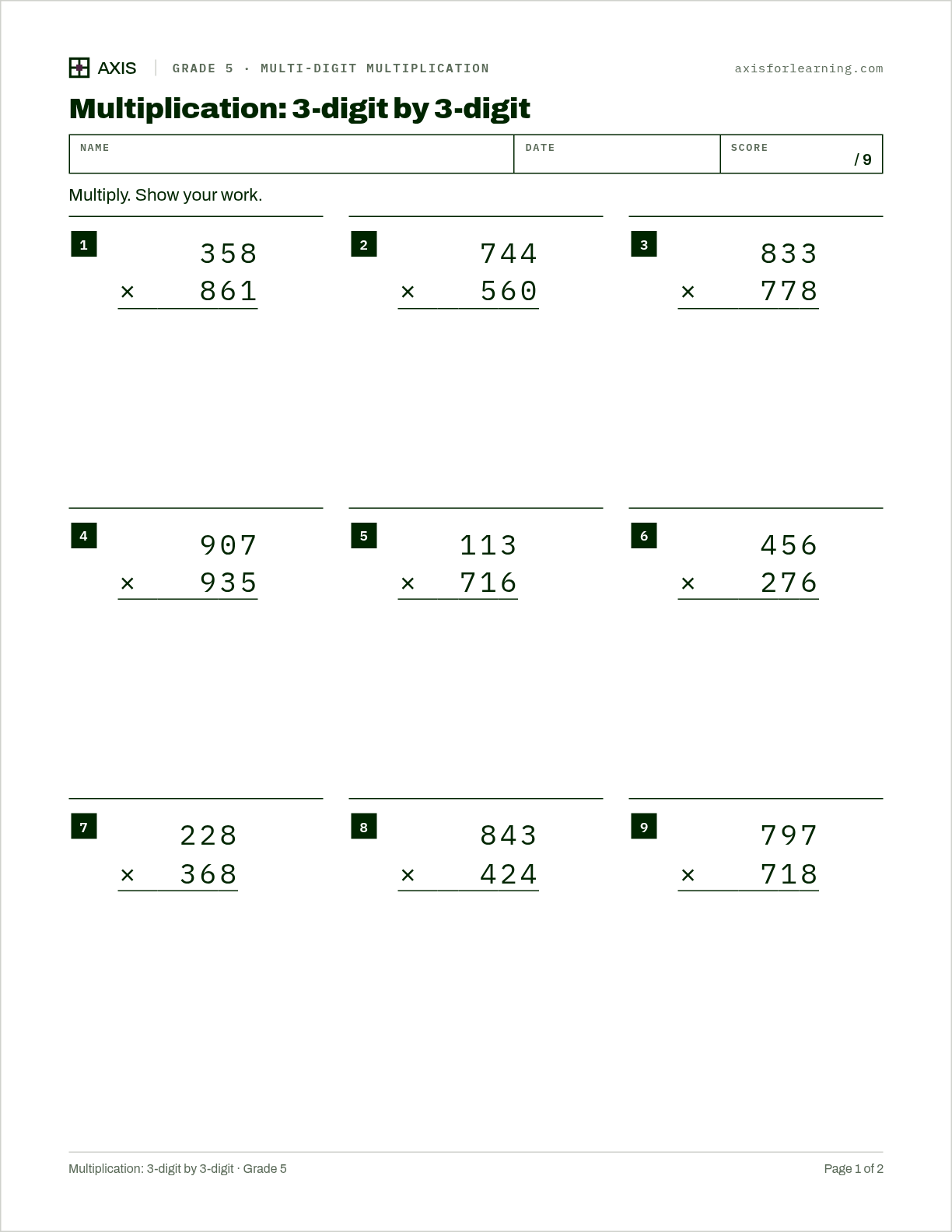 Multiplication: 3-digit by 3-digit: first page of the printable worksheet