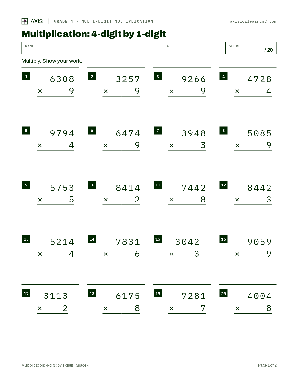 Multiplication: 4-digit by 1-digit: first page of the printable worksheet