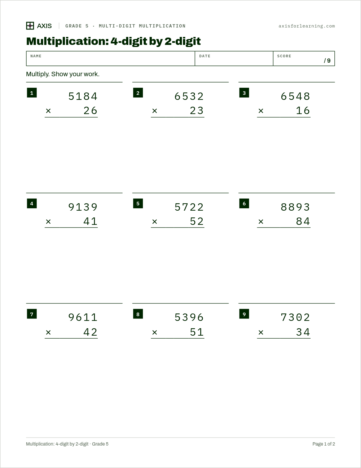 Multiplication: 4-digit by 2-digit: first page of the printable worksheet