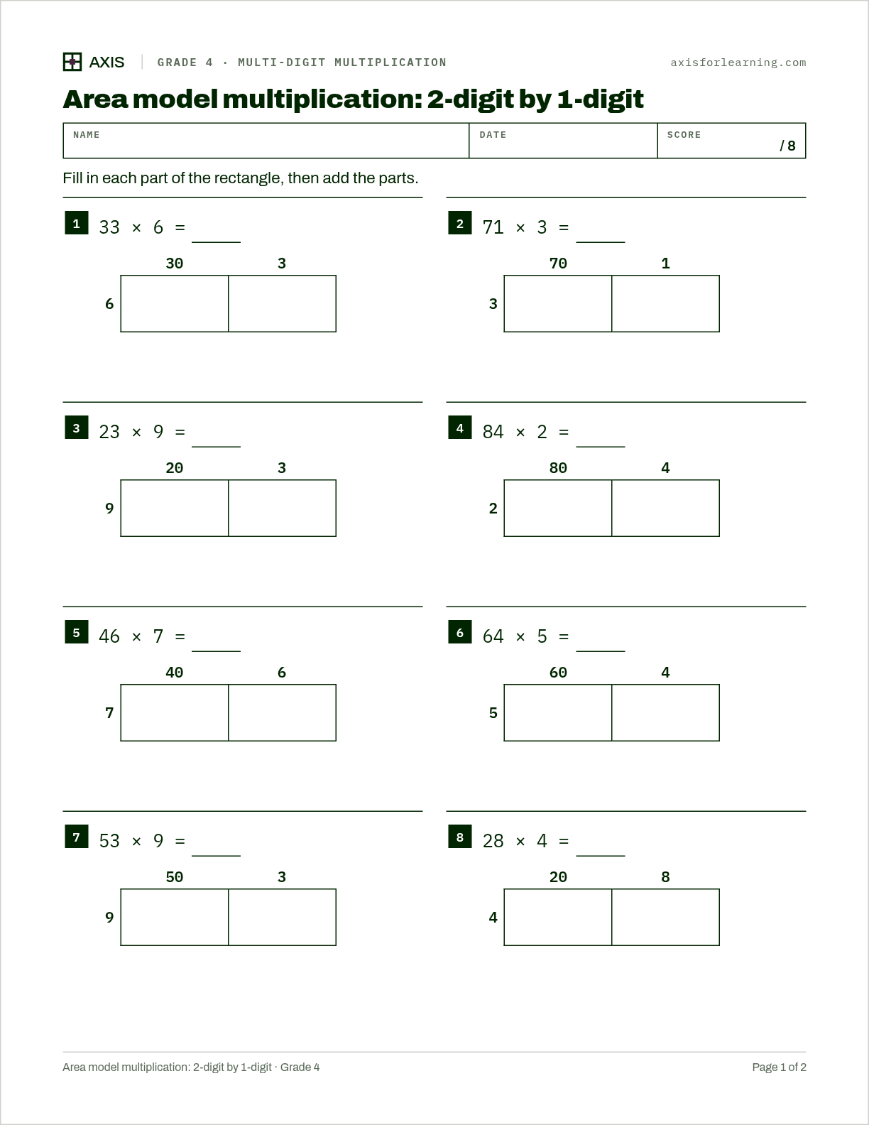 Area model multiplication: 2-digit by 1-digit: first page of the printable worksheet