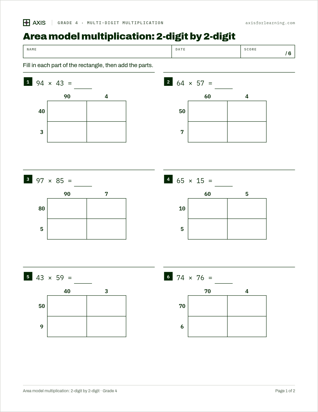 Area model multiplication: 2-digit by 2-digit: first page of the printable worksheet