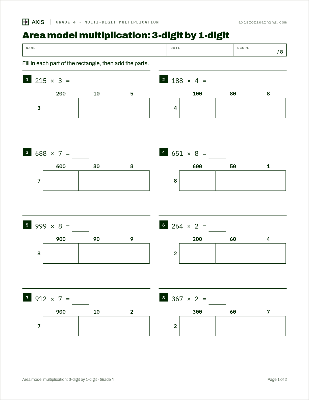 Area model multiplication: 3-digit by 1-digit: first page of the printable worksheet