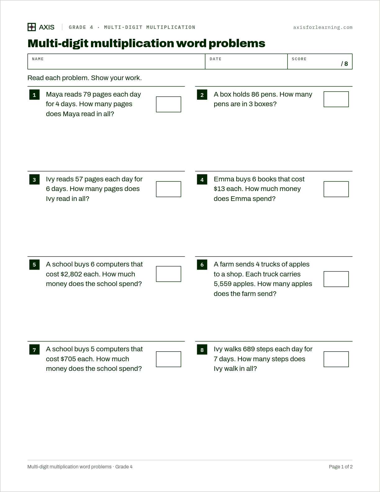 Multi-digit multiplication word problems: first page of the printable worksheet