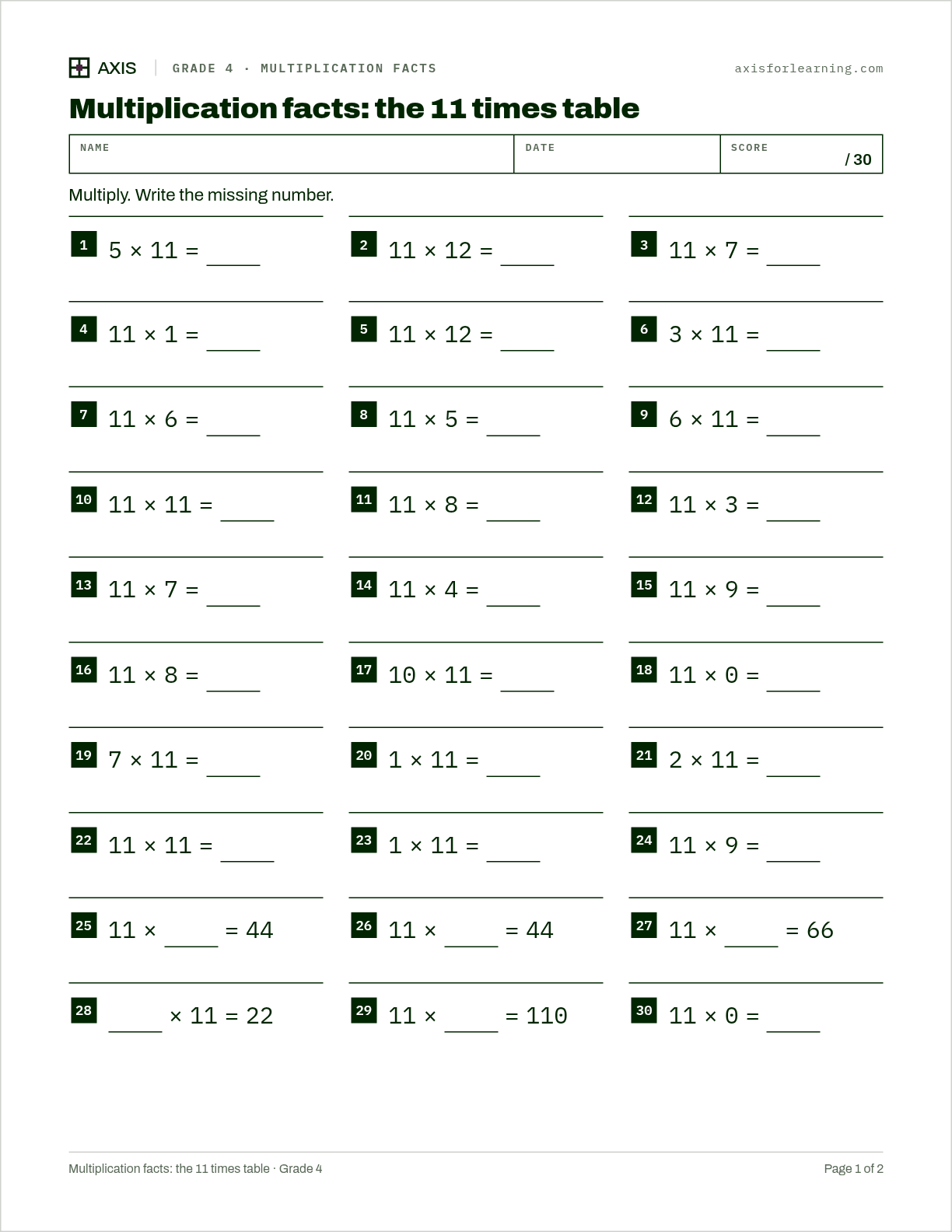 Multiplication facts: the 11 times table: first page of the printable worksheet
