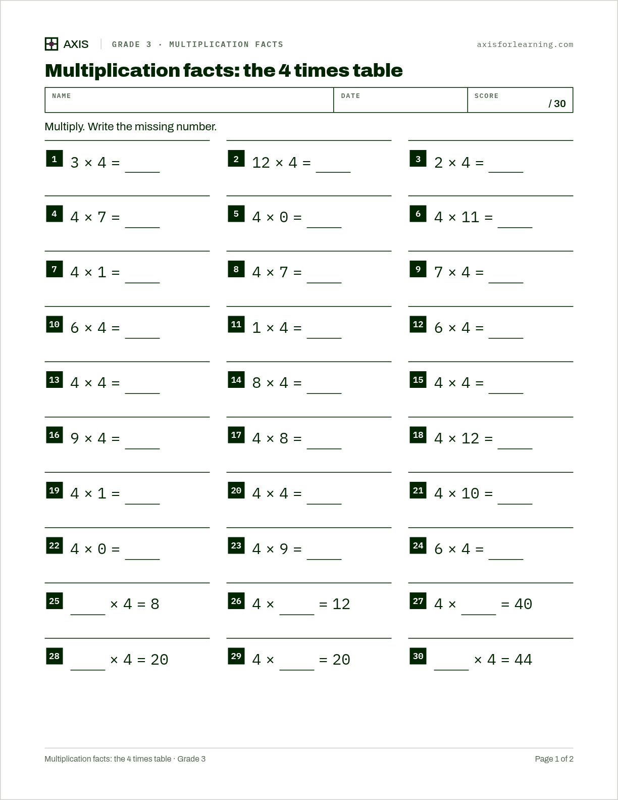 Multiplication facts: the 4 times table: first page of the printable worksheet