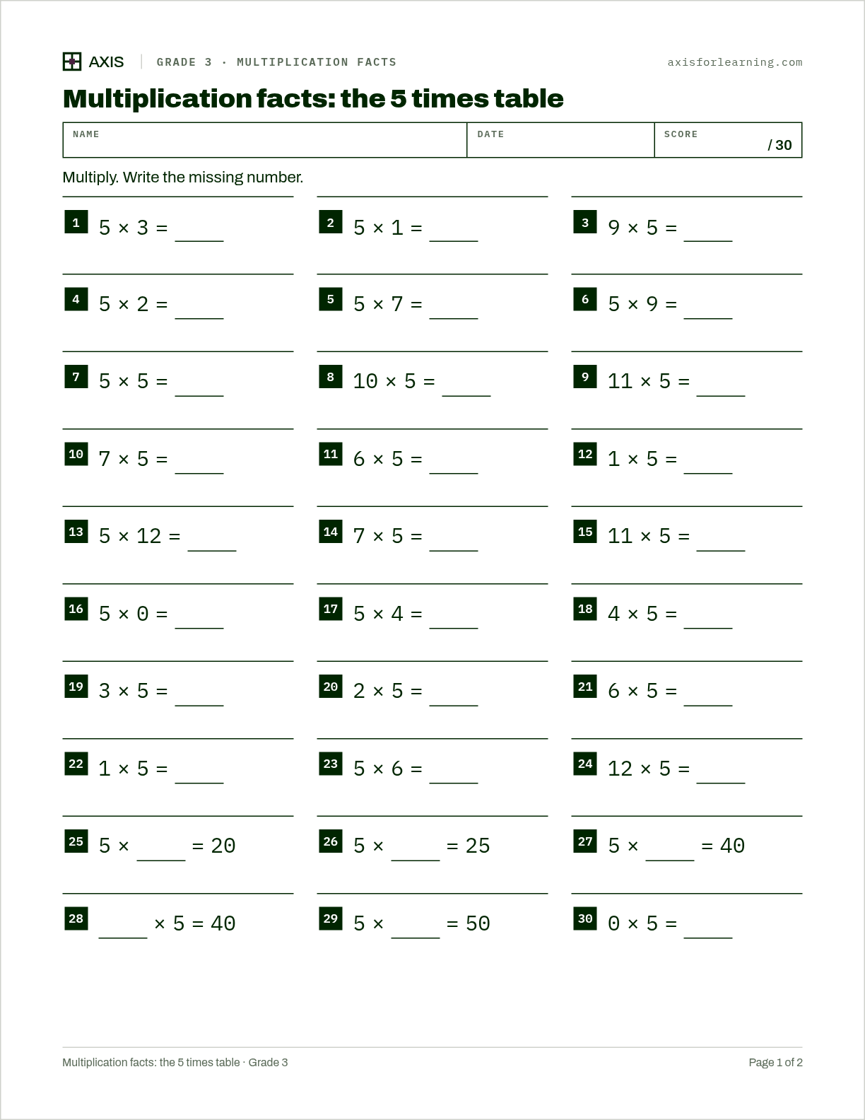 Multiplication facts: the 5 times table: first page of the printable worksheet
